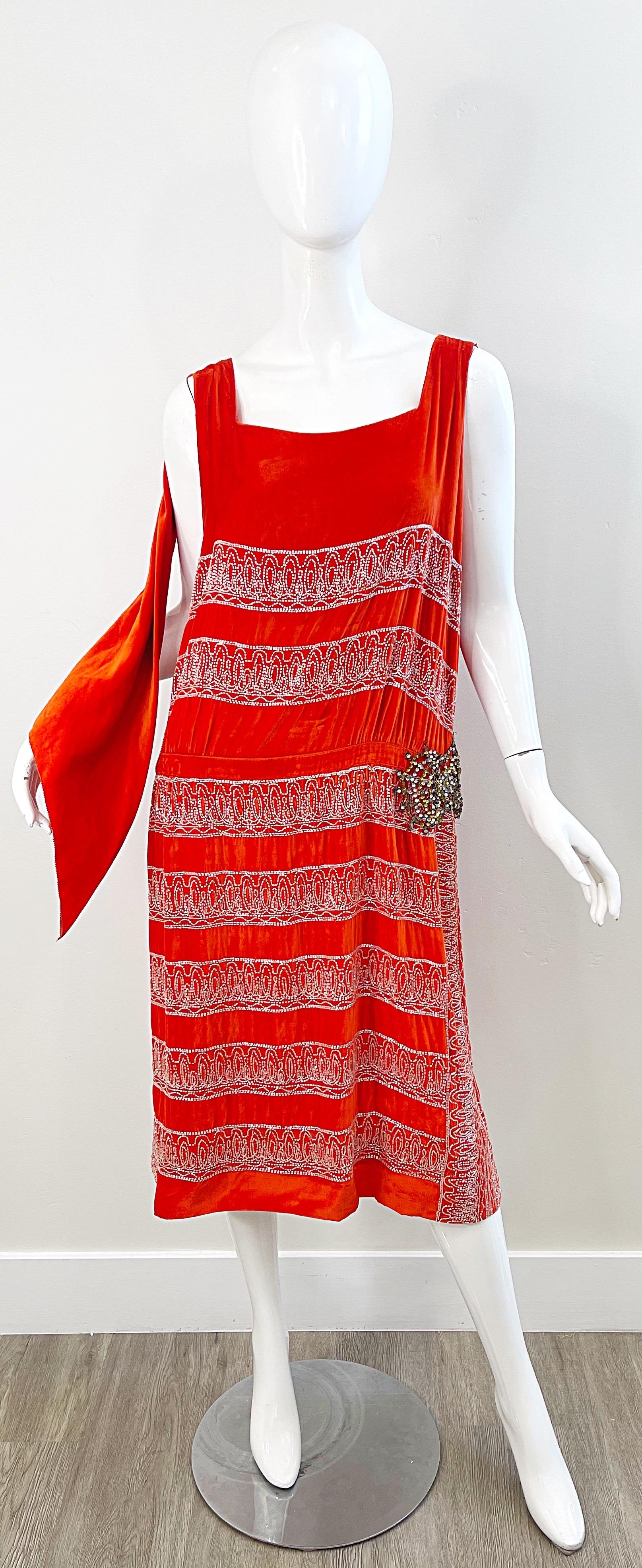 1920s Orange Velvet French Couture Beaded Rhinestone Vintage Deco Flapper Dress For Sale 10