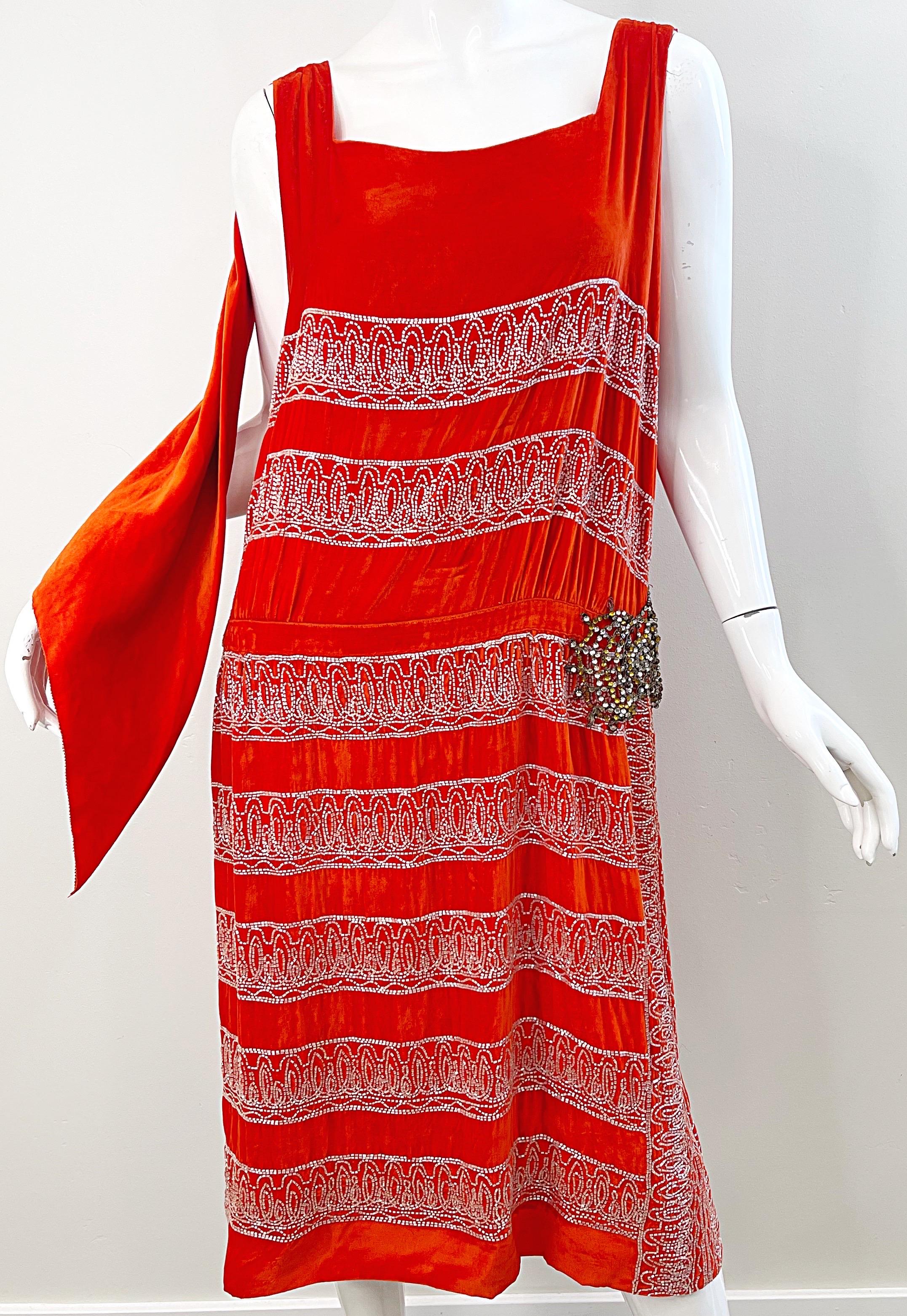 1920s Orange Velvet French Couture Beaded Rhinestone Vintage Deco Flapper Dress For Sale 12