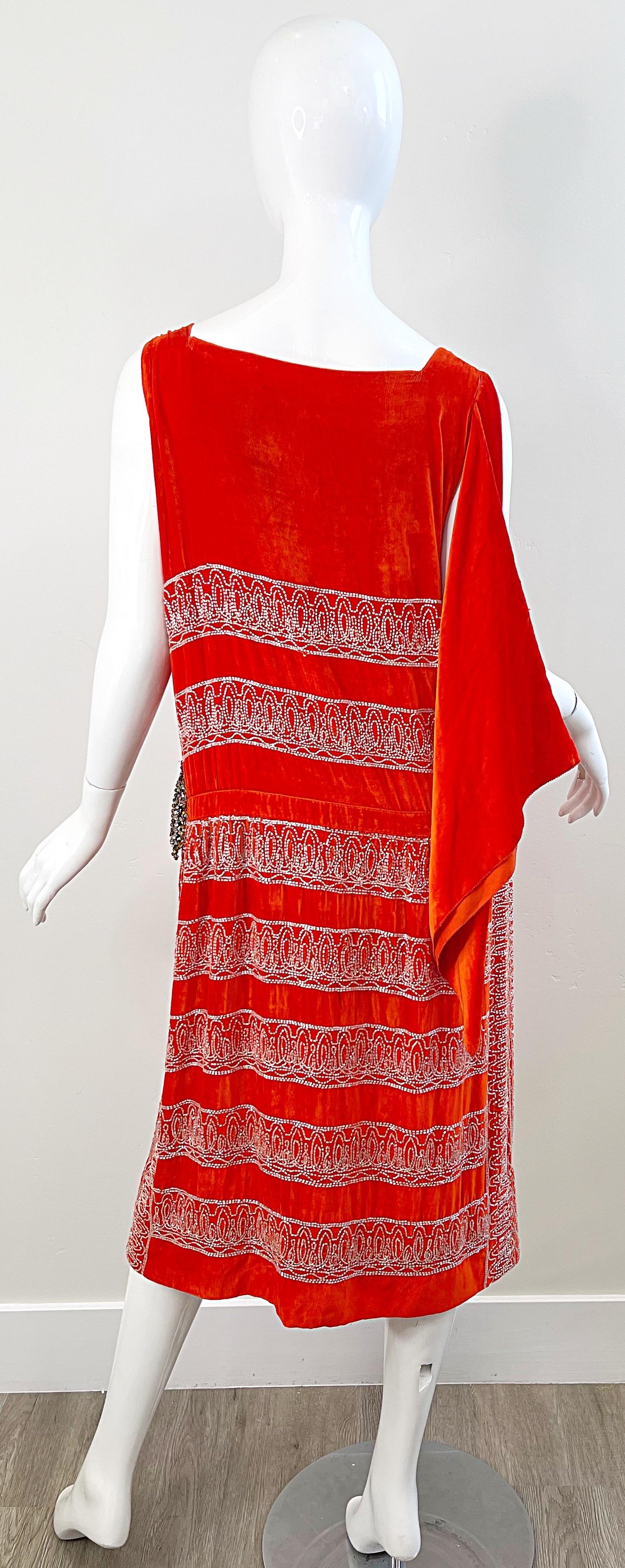 1920s Orange Velvet French Couture Beaded Rhinestone Vintage Deco Flapper Dress For Sale 14