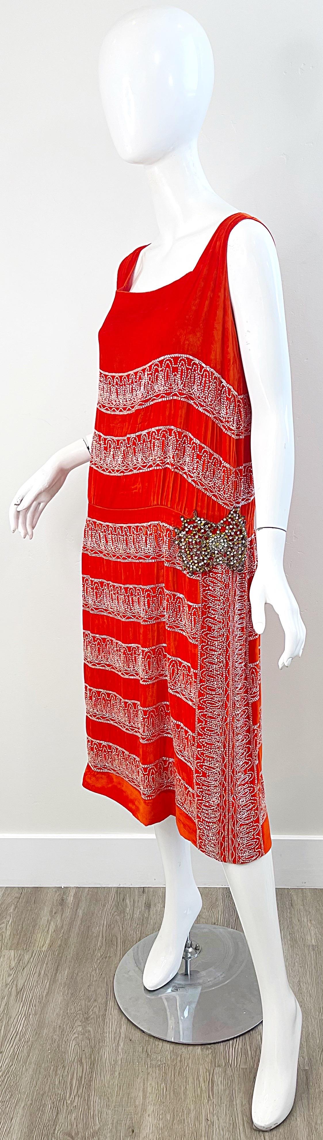 1920s Orange Velvet French Couture Beaded Rhinestone Vintage Deco Flapper Dress For Sale 15