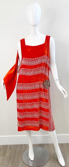 1920s Orange Velvet French Couture Beaded Rhinestone Vintage Deco Flapper Dress
