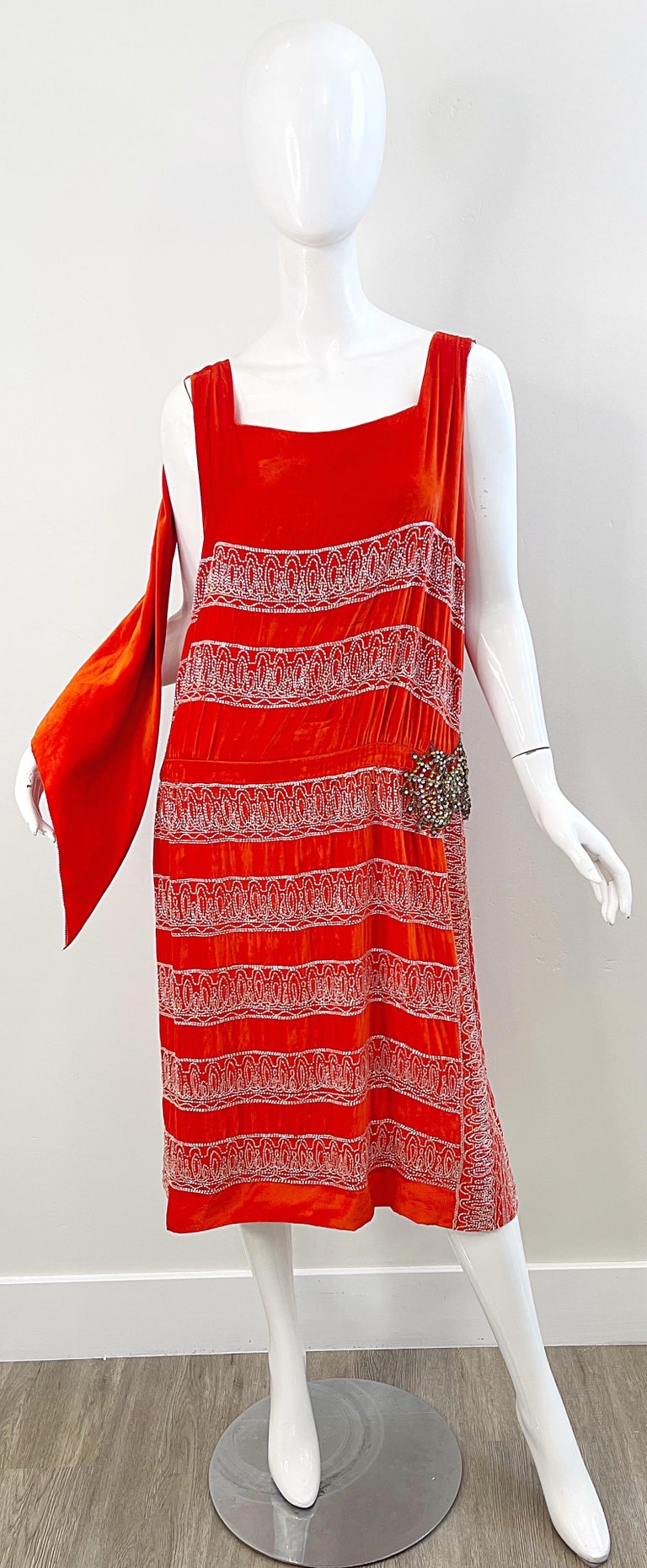 1920s Orange Velvet French Couture Beaded Rhinestone Vintage Deco Flapper Dress