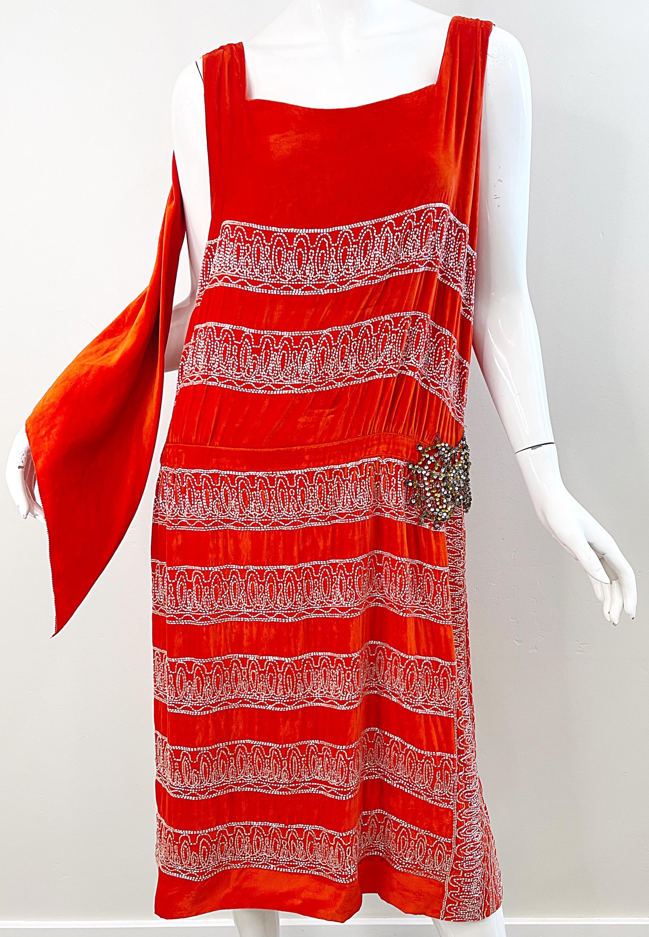 1920s Orange Velvet French Couture Beaded Rhinestone Vintage Deco Flapper Dress For Sale 16