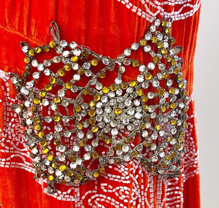 1920s Orange Velvet French Couture Beaded Rhinestone Vintage Deco Flapper Dress
