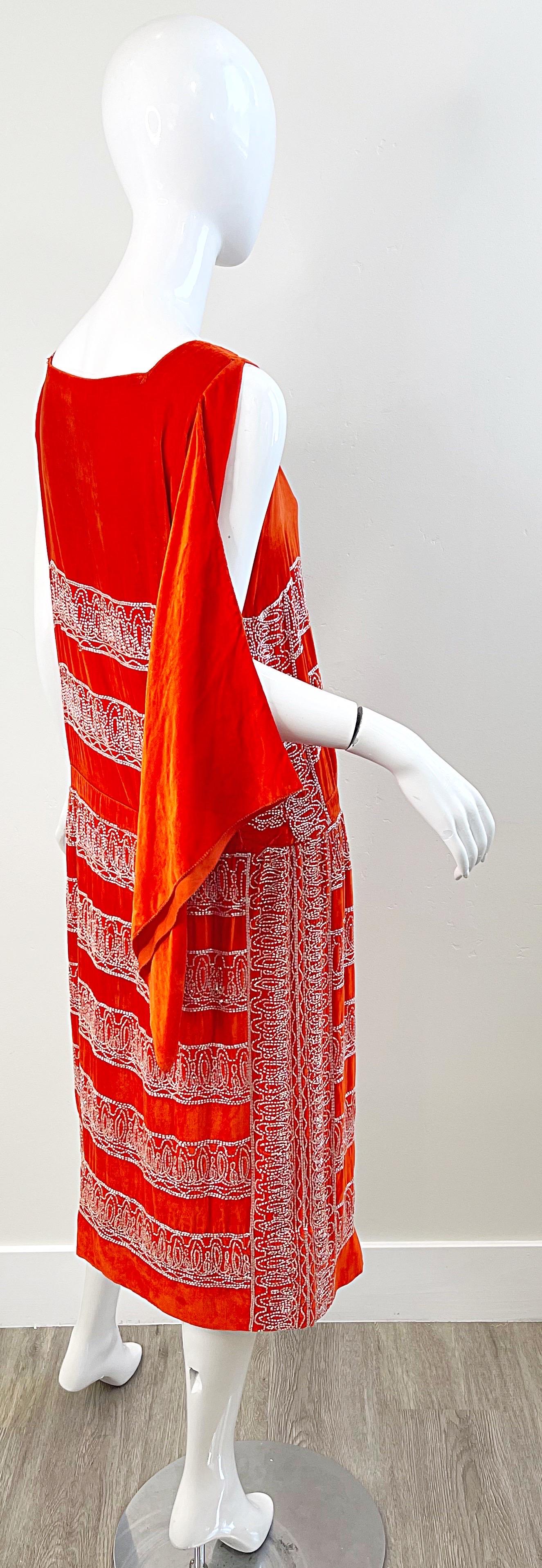 1920s Orange Velvet French Couture Beaded Rhinestone Vintage Deco Flapper Dress For Sale 2