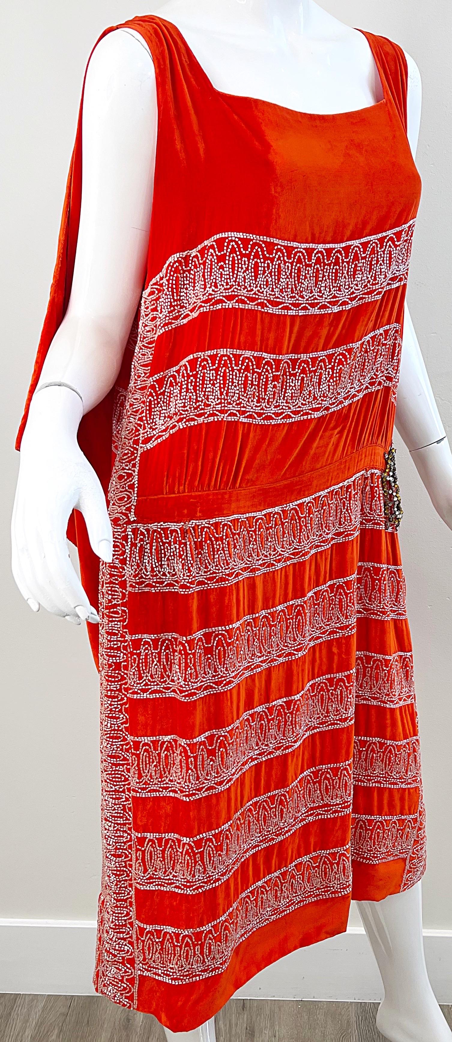 1920s Orange Velvet French Couture Beaded Rhinestone Vintage Deco Flapper Dress For Sale 3