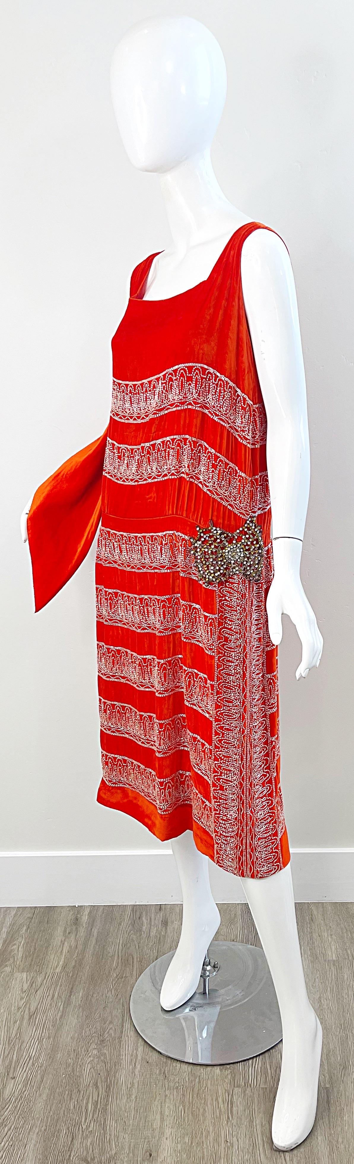 1920s Orange Velvet French Couture Beaded Rhinestone Vintage Deco Flapper Dress For Sale 5