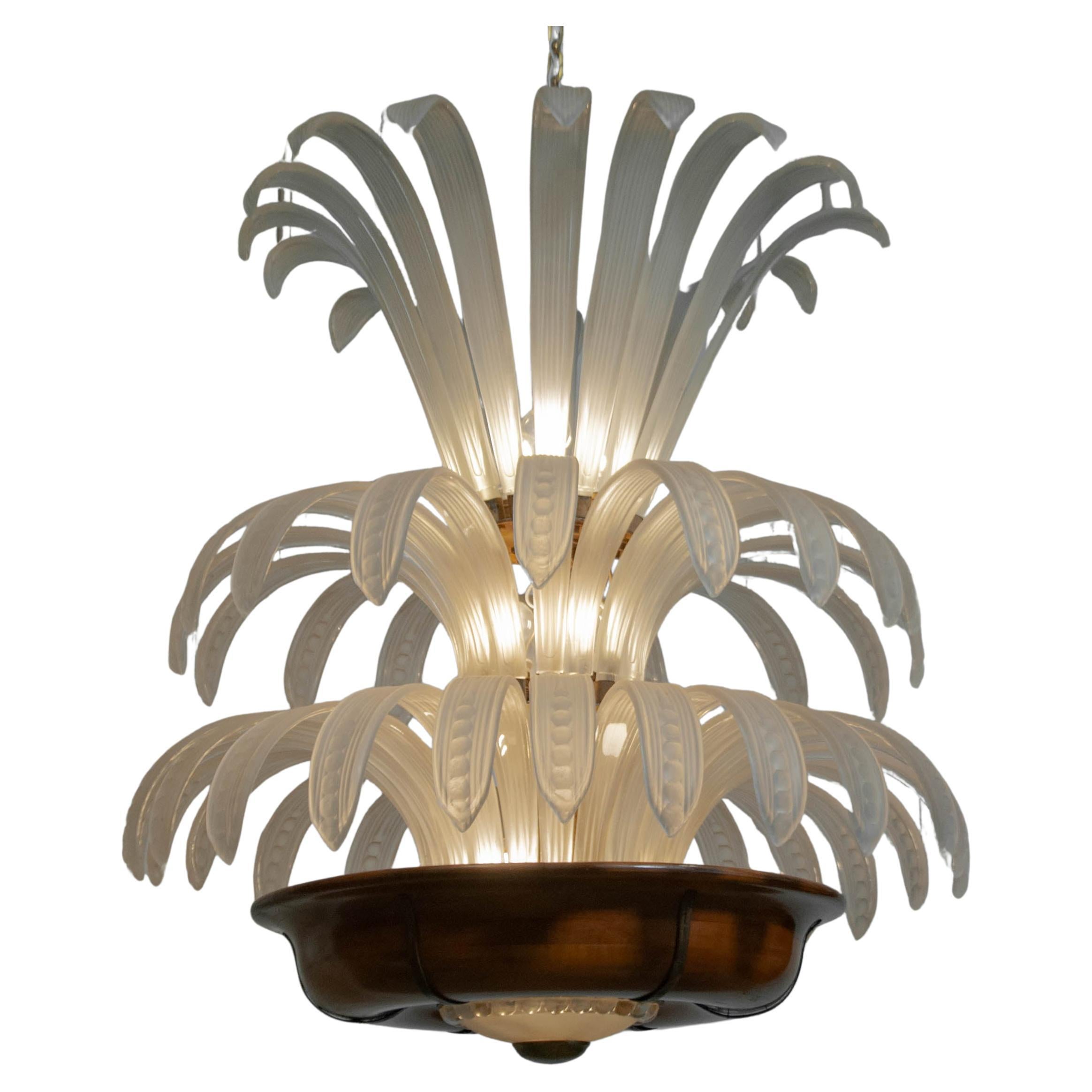 1920s, Original  Art Deco Palm Chandelier , Belgium For Sale