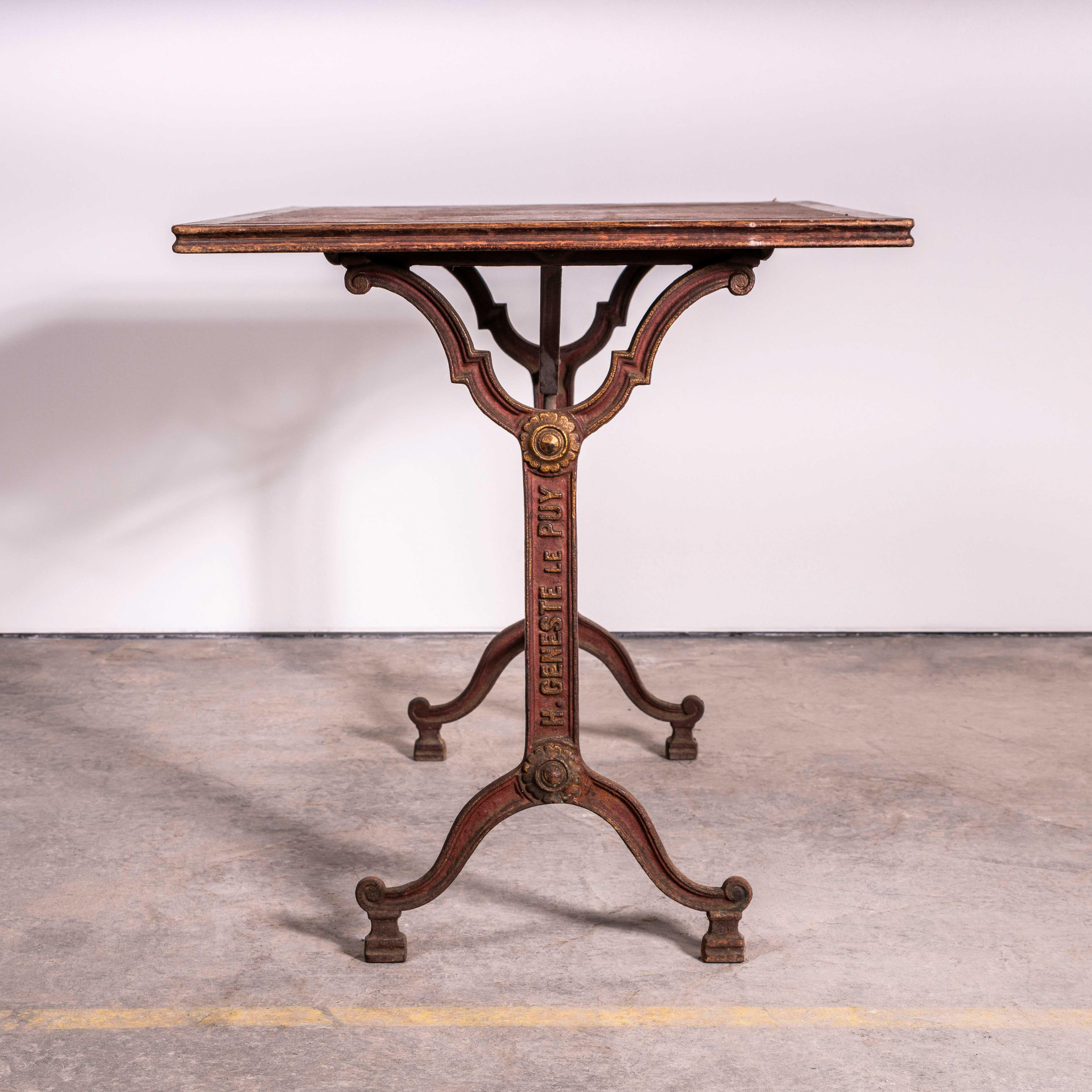 1920’s Original French Intricate Relief Cast Base Bistro Dining Table (3578). 

Classic very original French bistro table from the 1920’s by the maker H. Geneste. The base is very well detailed, the top is the original linoleum very well worn
