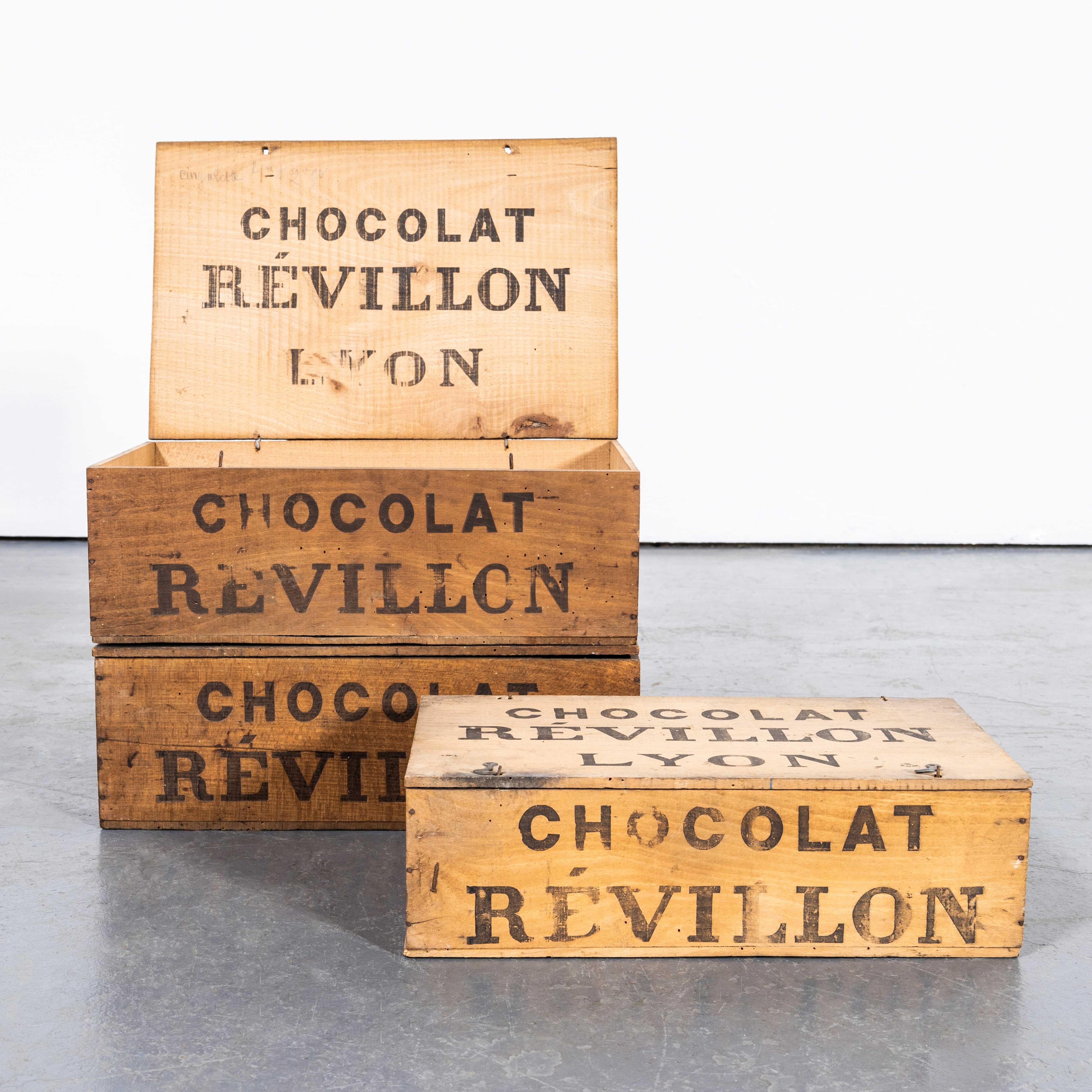 1920's Original Revillon Chocolate Shipping Box - Single Box. 
Revillon is one of Frances oldest chocolate producers, founded in 1898 and still producing chocolate to this date. These boxes would have been used to ship product. Be-autifully made in