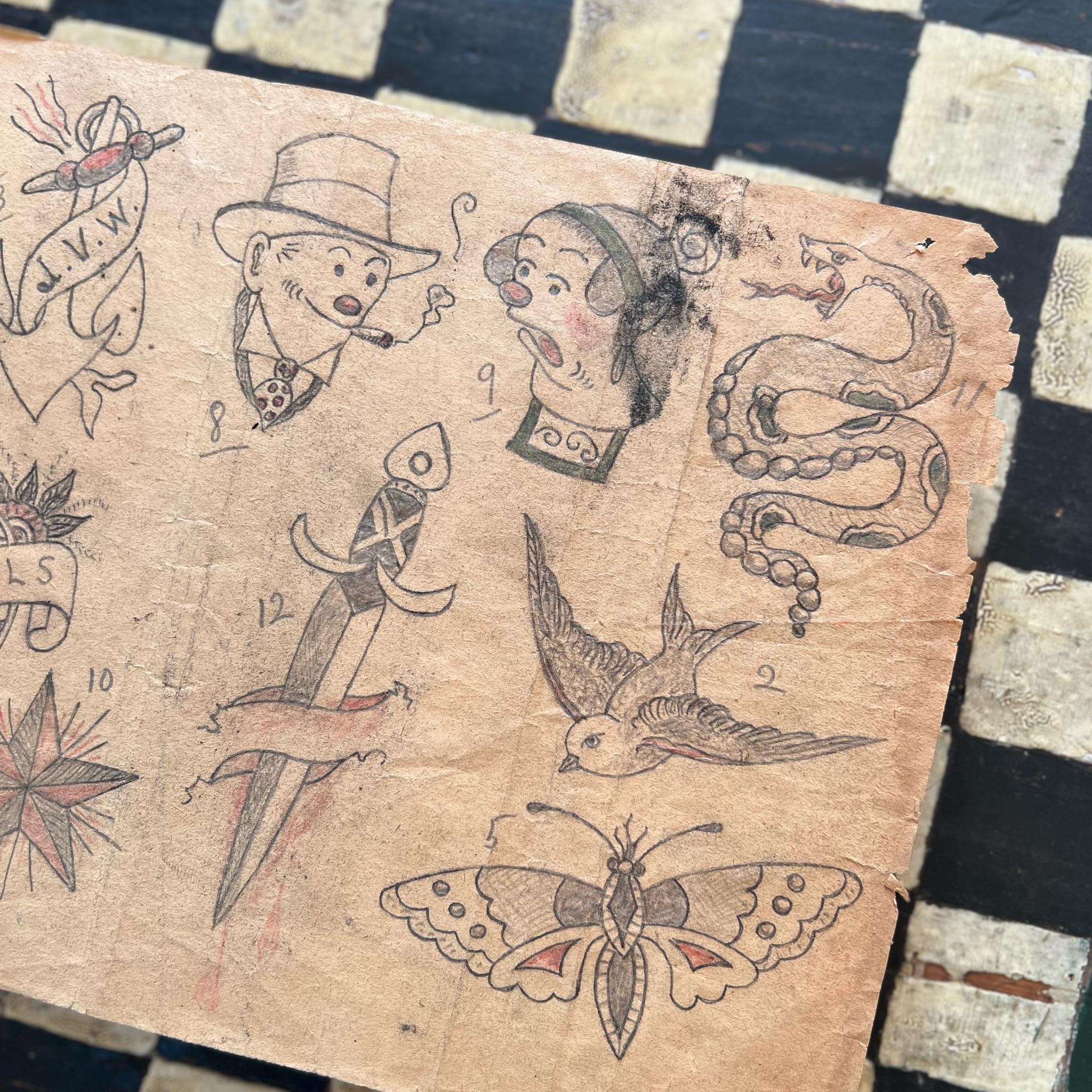 Inizio XX secolo Foglio Flash di tatuaggio originale degli anni '20 - Design/One tradizionale americano - Come trovato in vendita