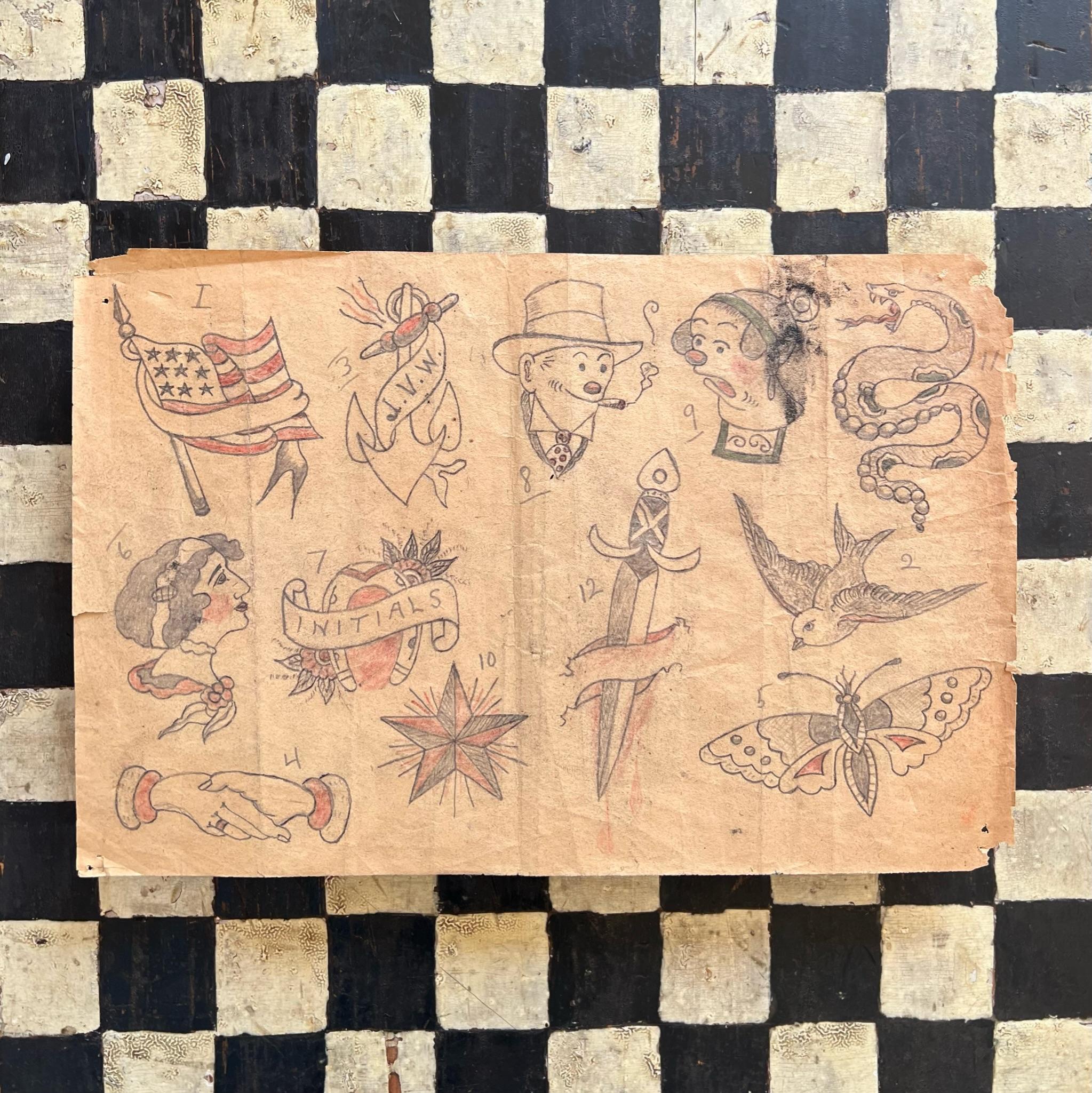 Foglio Flash di tatuaggio originale degli anni '20 - Design/One tradizionale americano - Come trovato in vendita 2