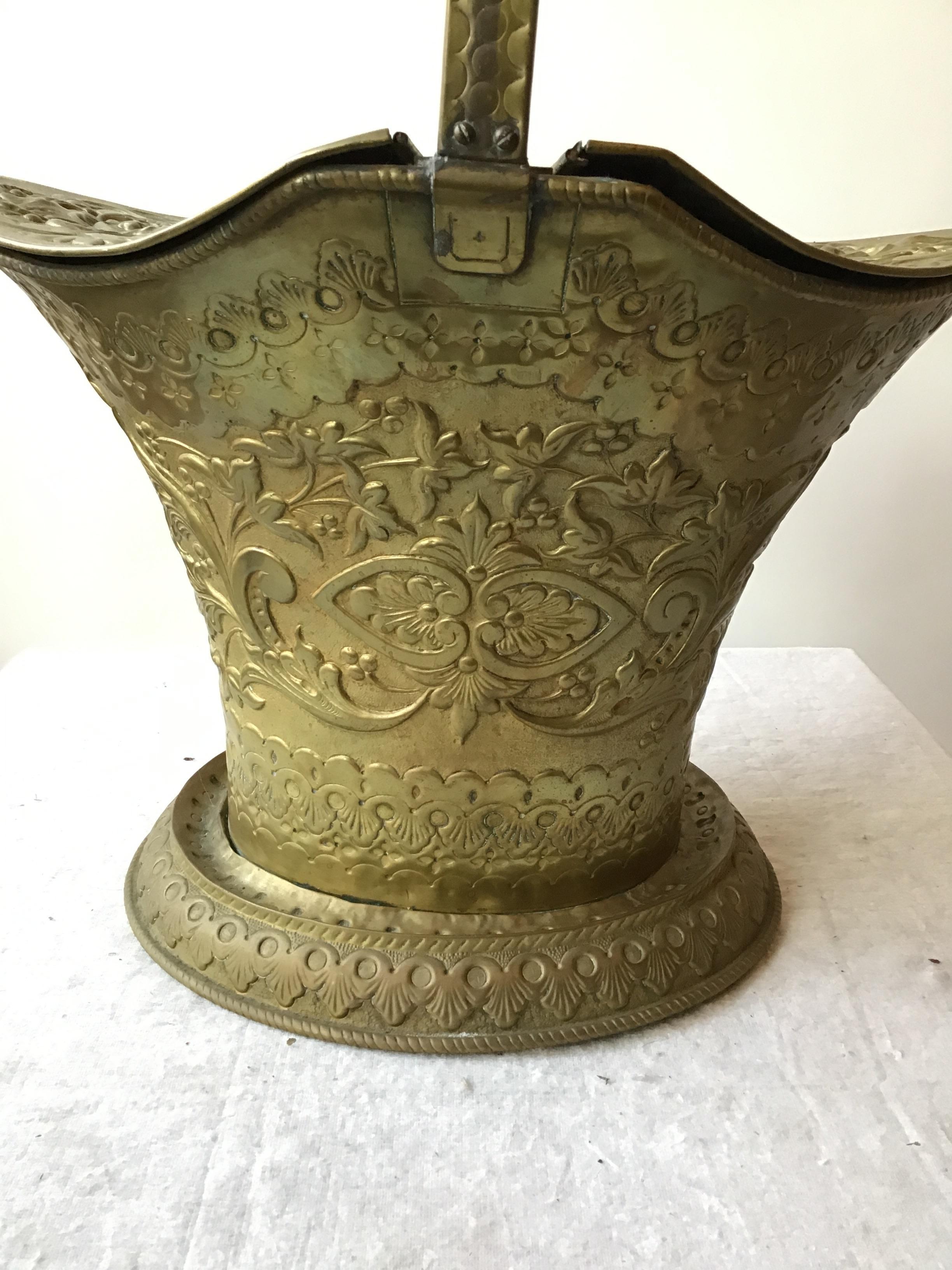 1920s ornate brass coal scuttle.