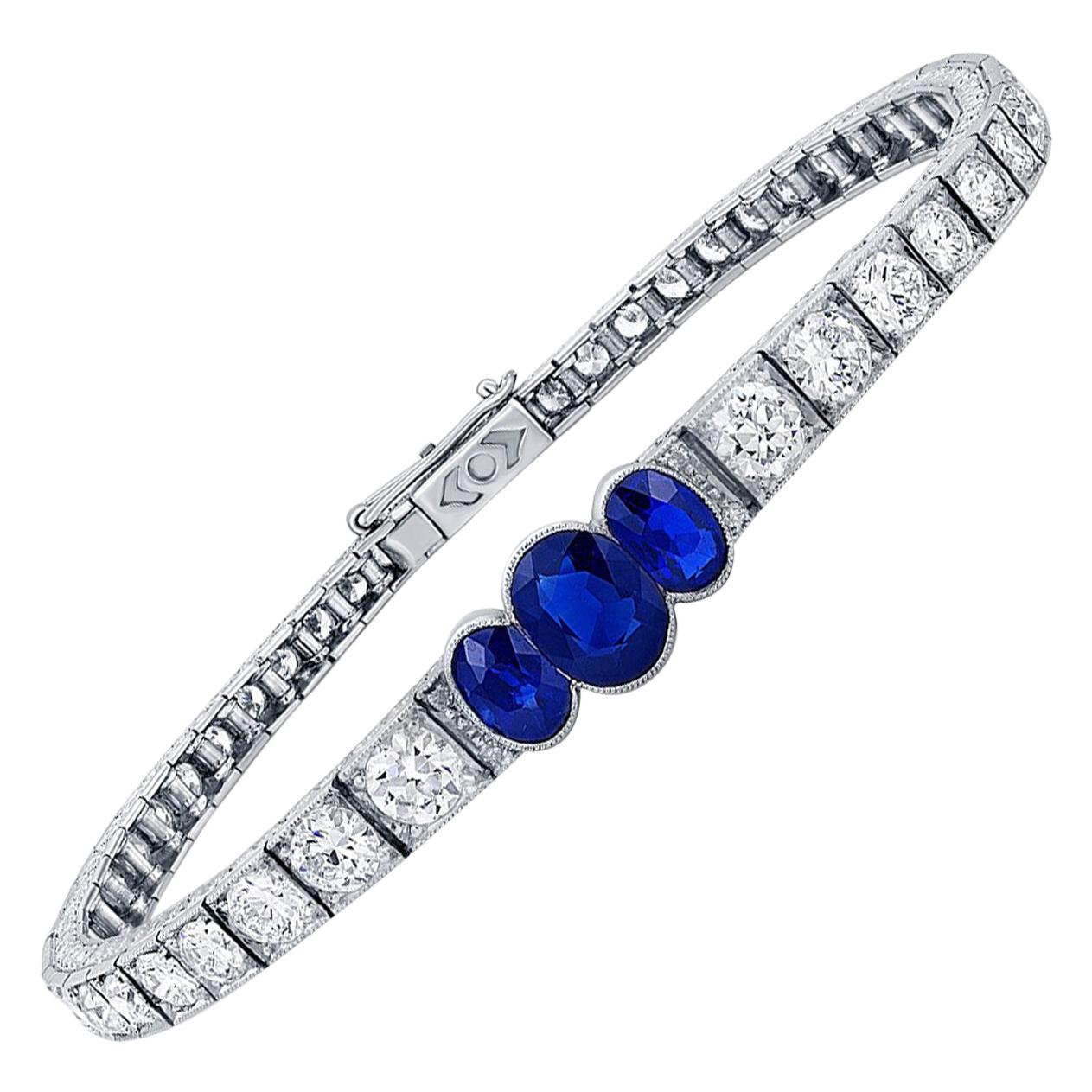 1920s Oval Sapphire and Diamond Bracelet AGL Certified For Sale