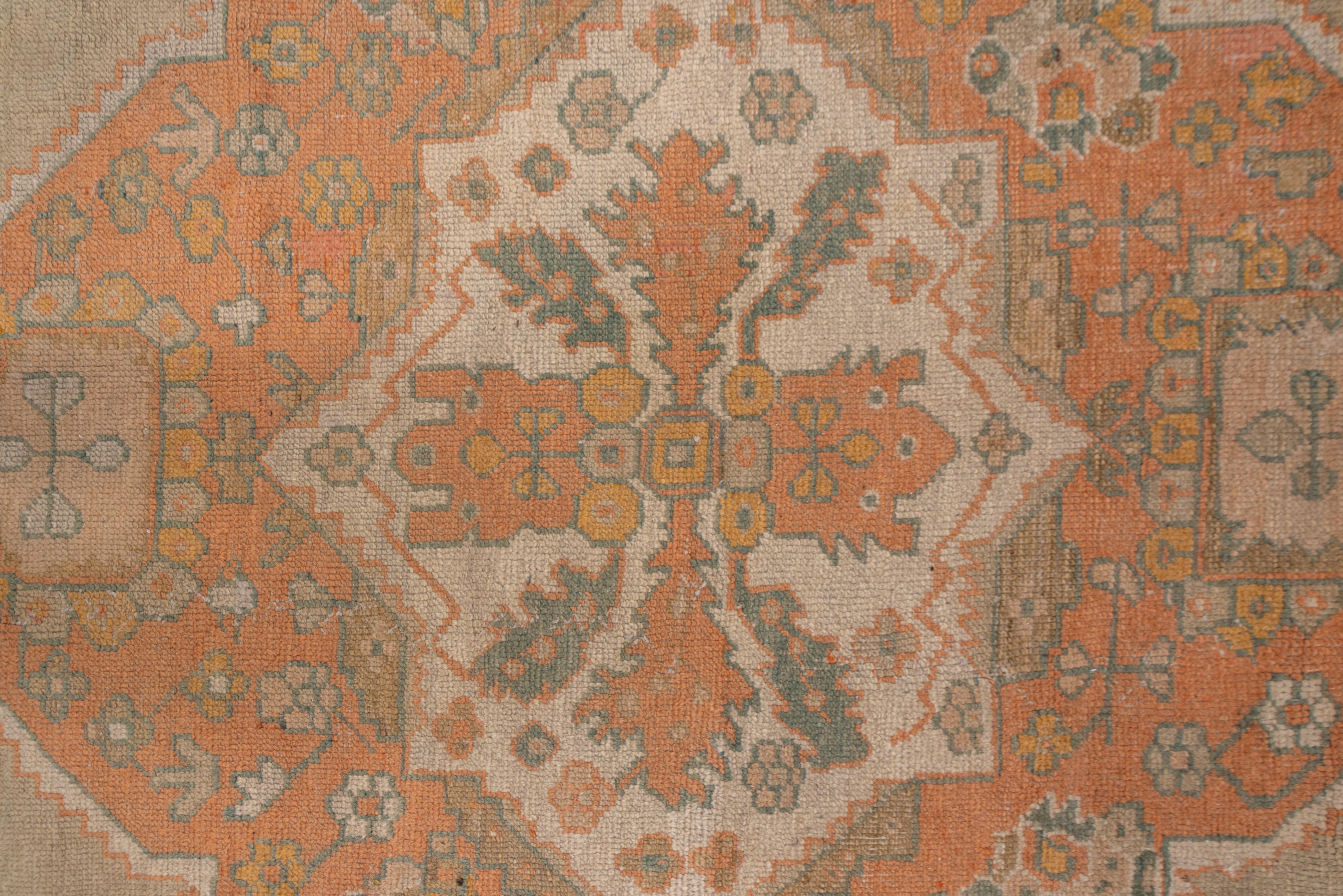 1920s Oversized Antique Turkish Oushak Carpet, Neutral Field, Orange Borders For Sale 1