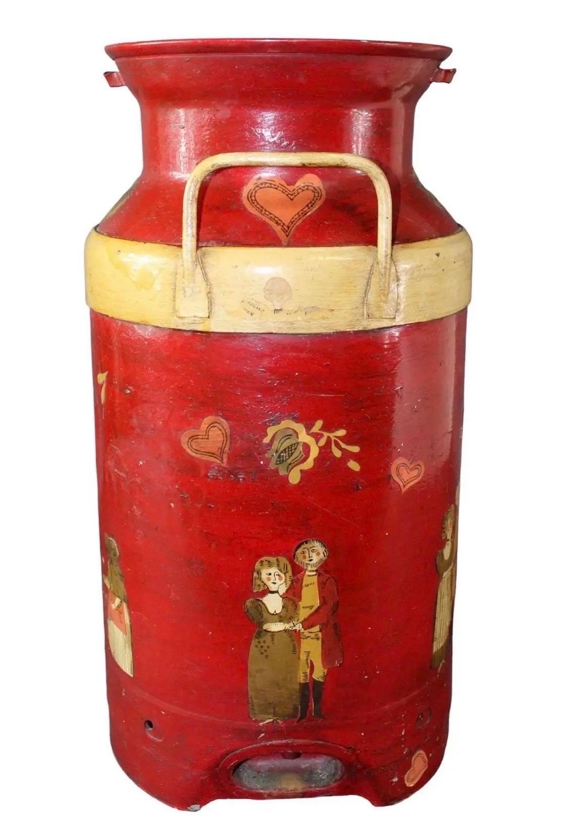 Eine skurrile Decoupage und bemalte Milchkanne mit einem süßen Folk Art Design... würde einen tollen Schirmständer abgeben.

Unbekannter Künstler ...  ungefähres Alter.