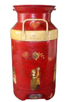 1920s Painted and Decoupage Folk Art Decorated Antique Dairy Farm Milk Jug