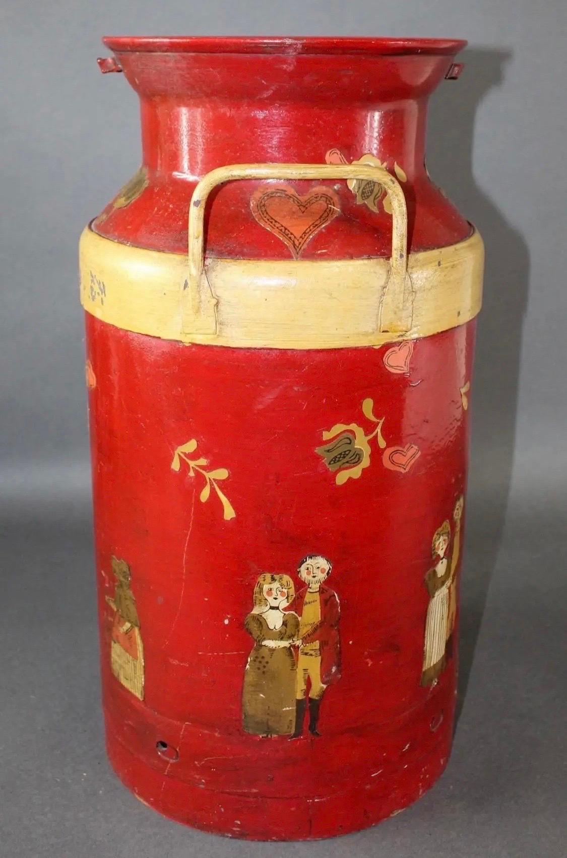 1920er Jahre gemalt und Decoupage Folk Art dekoriert antike Molkerei Bauernhof Milchkanne (Metall) im Angebot