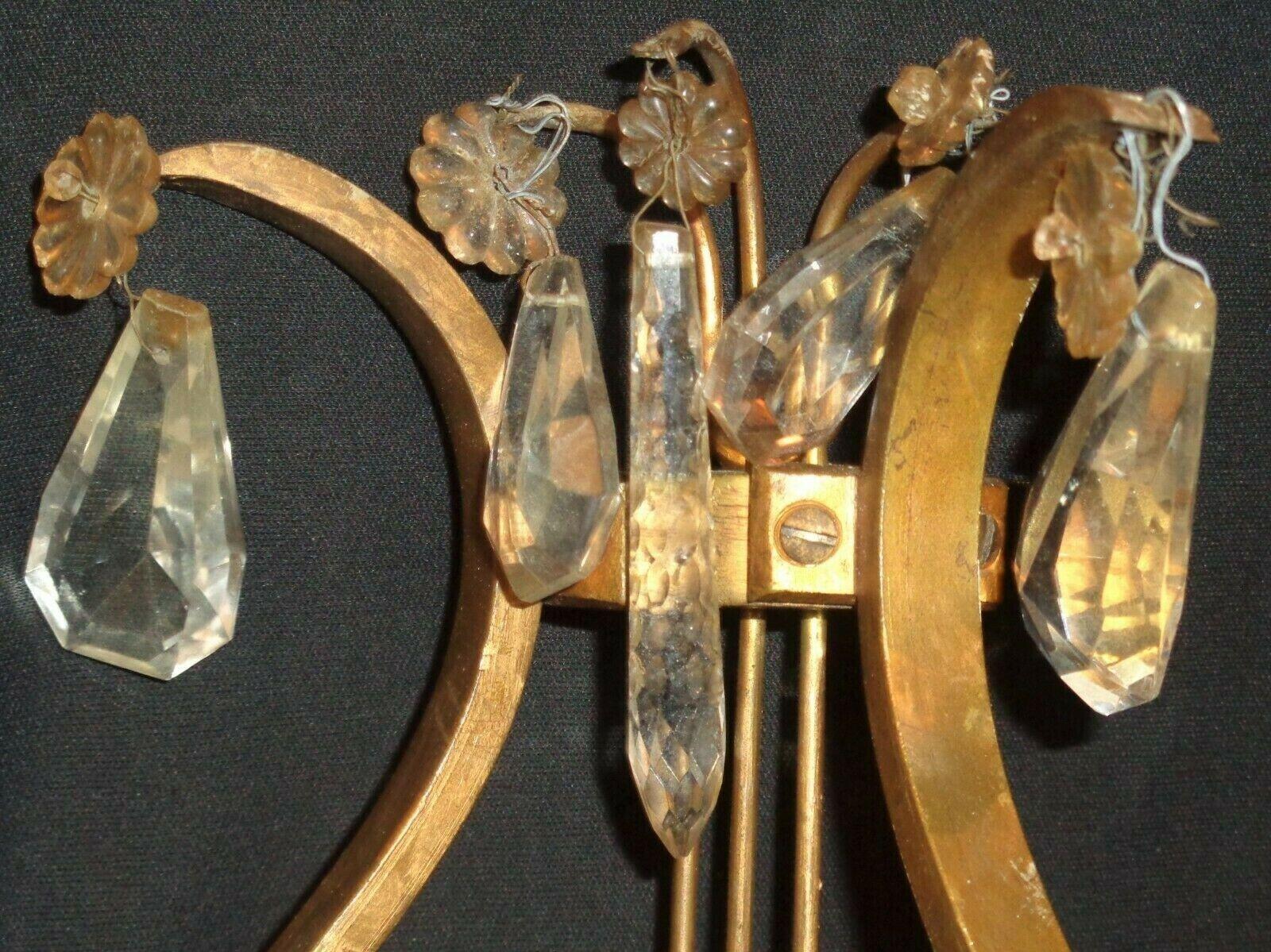 1920s Pair French Louis XVI Rococo  Bronze w/ Crystal Lyre Back Wall Sconces For Sale 7