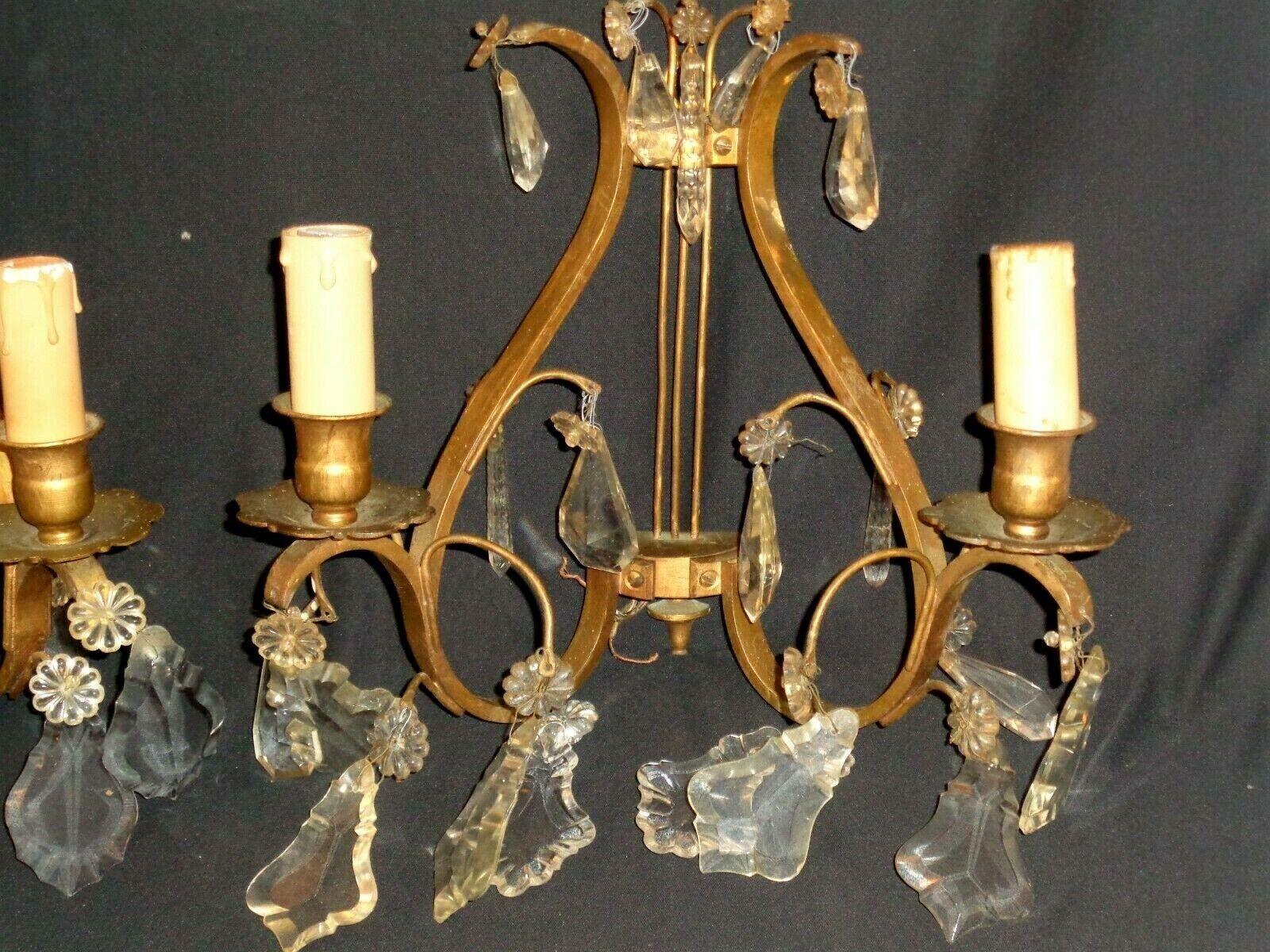 1920s Pair French Louis XVI Rococo  Bronze w/ Crystal Lyre Back Wall Sconces For Sale 8