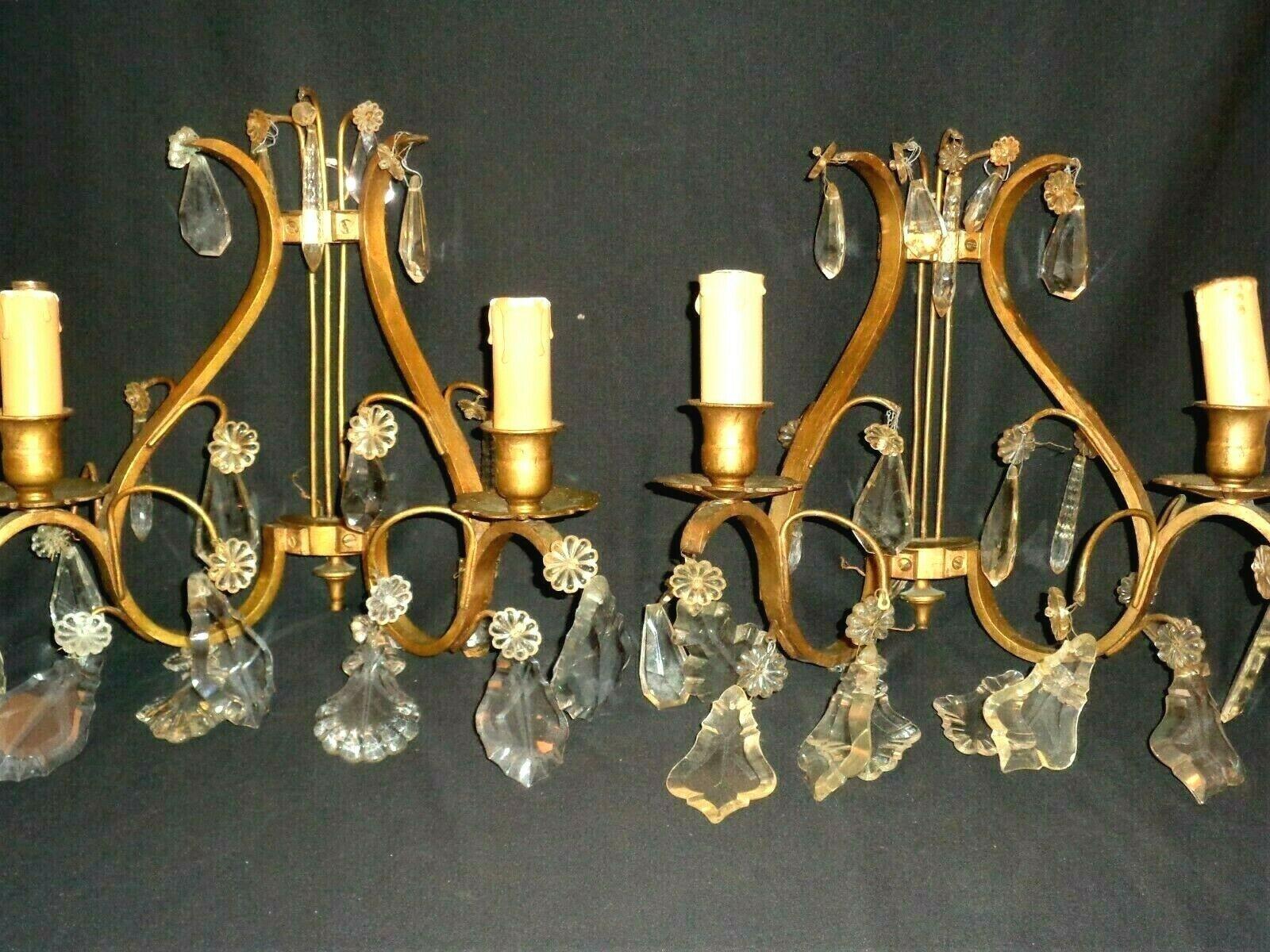 1920s Pair French Louis XVI Rococo  Bronze w/ Crystal Lyre Back Wall Sconces For Sale 9