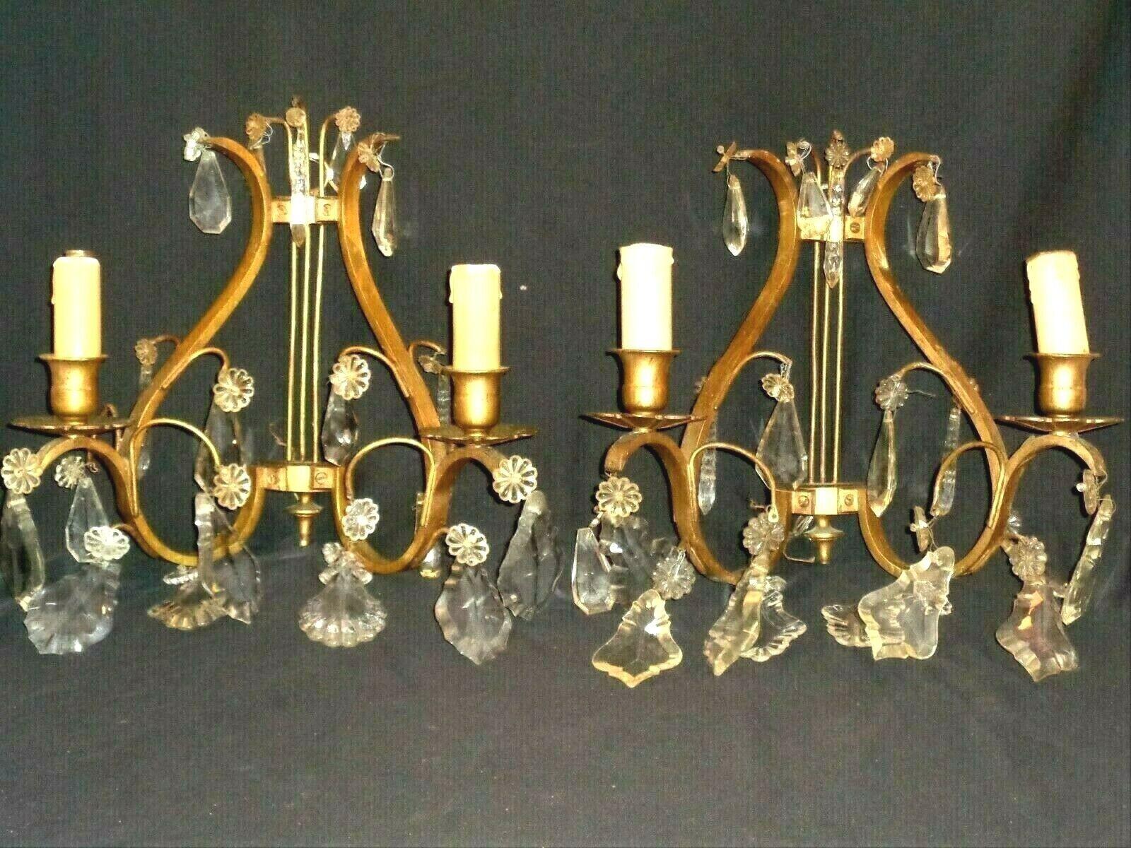 1920s Pair French Louis XVI Rococo  Bronze w/ Crystal Lyre Back Wall Sconces In Good Condition For Sale In Opa Locka, FL