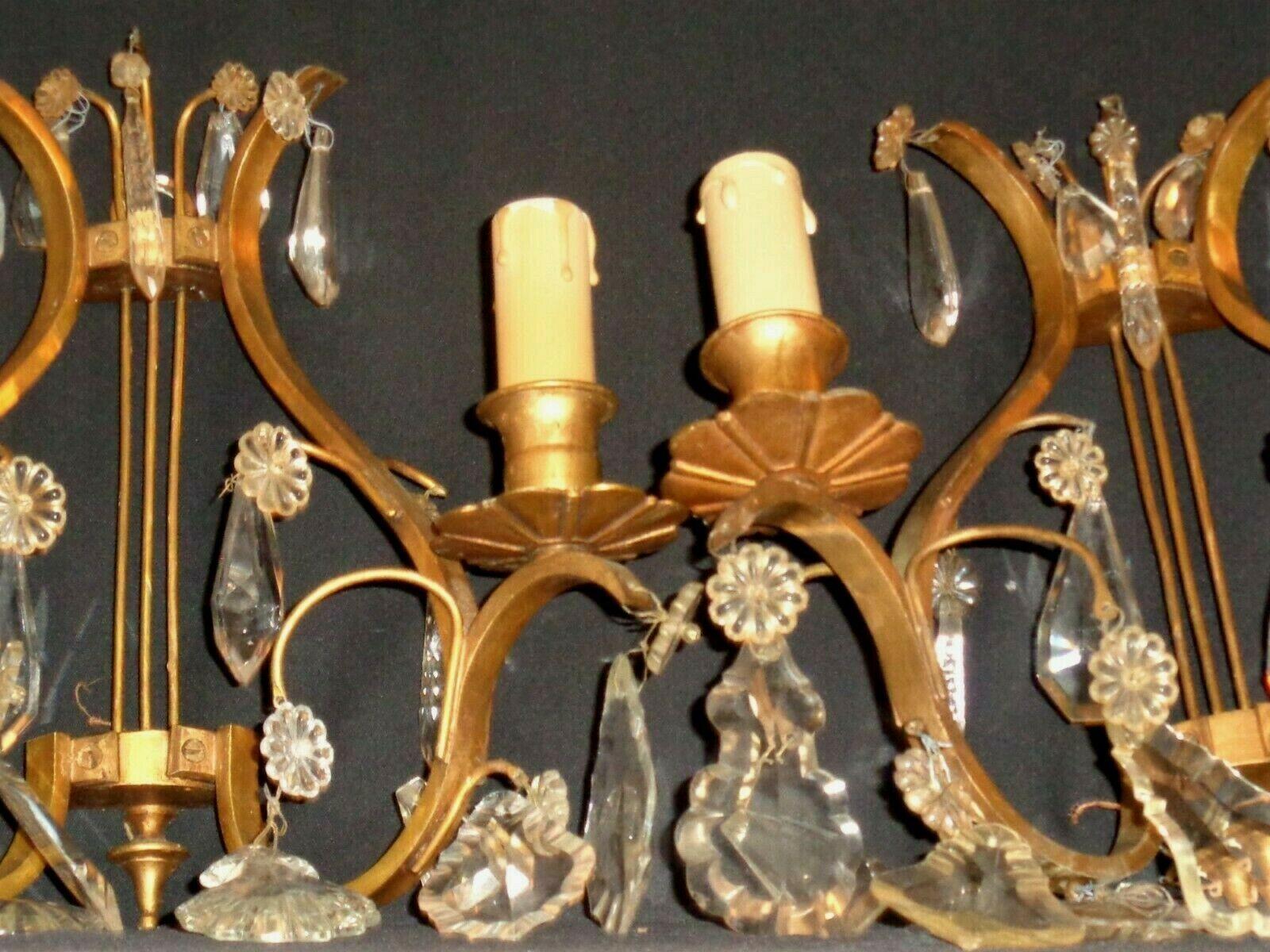 Early 20th Century 1920s Pair French Louis XVI Rococo  Bronze w/ Crystal Lyre Back Wall Sconces For Sale