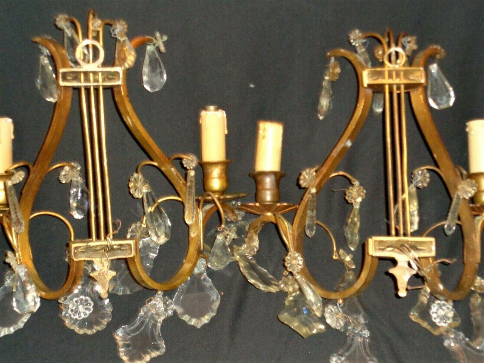 1920s Pair French Louis XVI Rococo  Bronze w/ Crystal Lyre Back Wall Sconces For Sale 4
