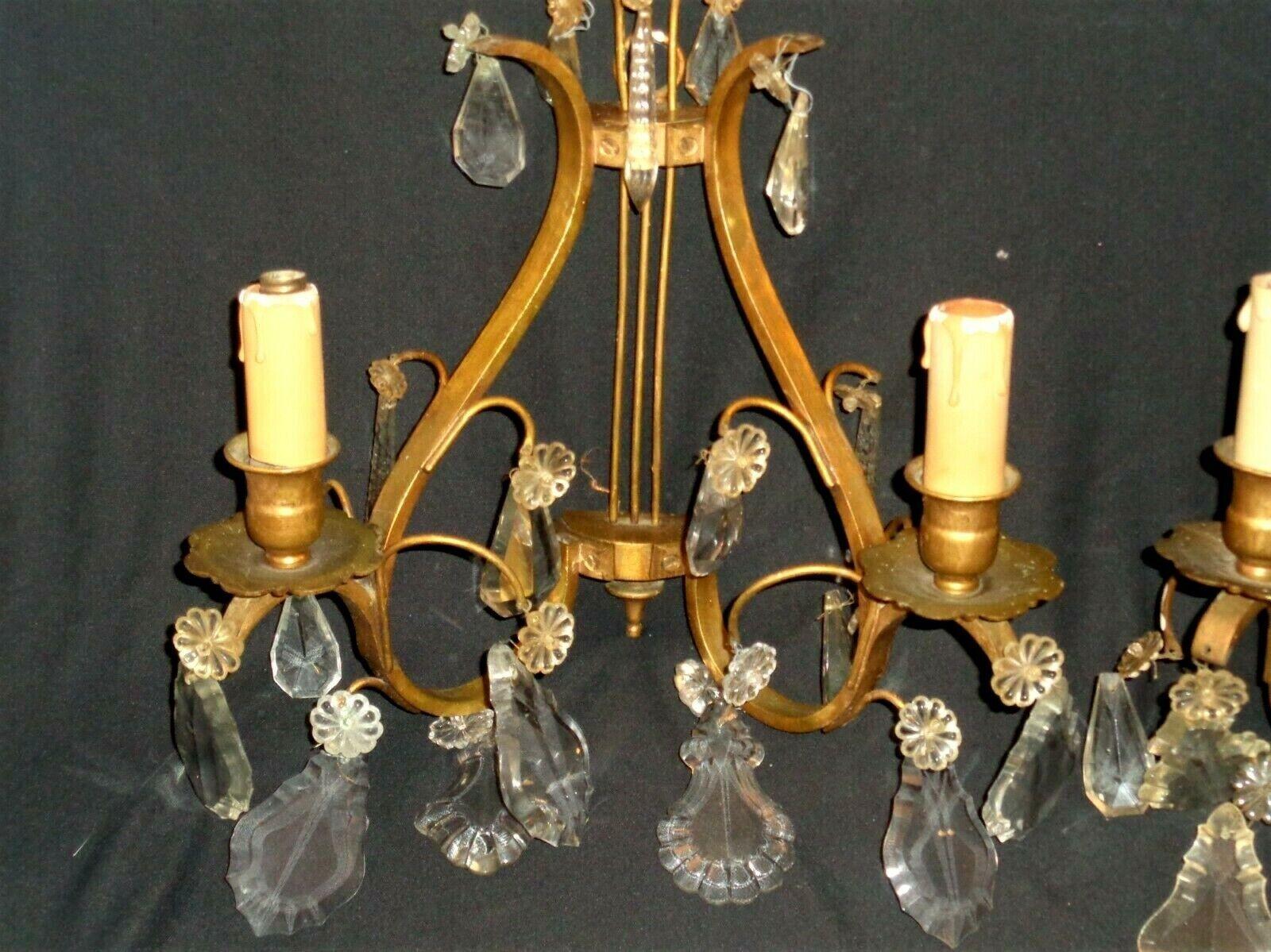 1920s Pair French Louis XVI Rococo  Bronze w/ Crystal Lyre Back Wall Sconces For Sale 5