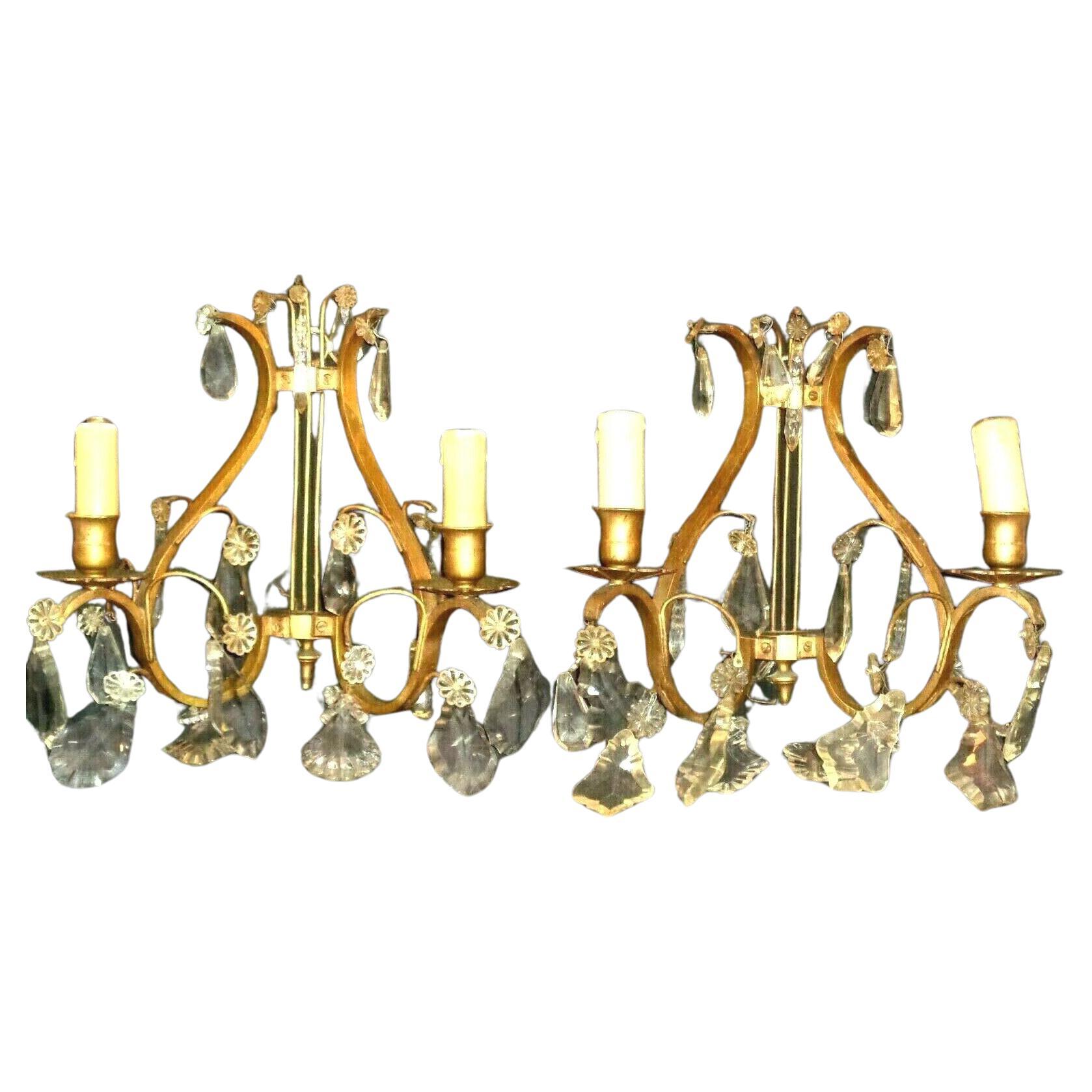 1920s Pair French Louis XVI Rococo  Bronze w/ Crystal Lyre Back Wall Sconces For Sale