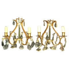 Antique 1920s Pair French Louis XVI Rococo  Bronze w/ Crystal Lyre Back Wall Sconces