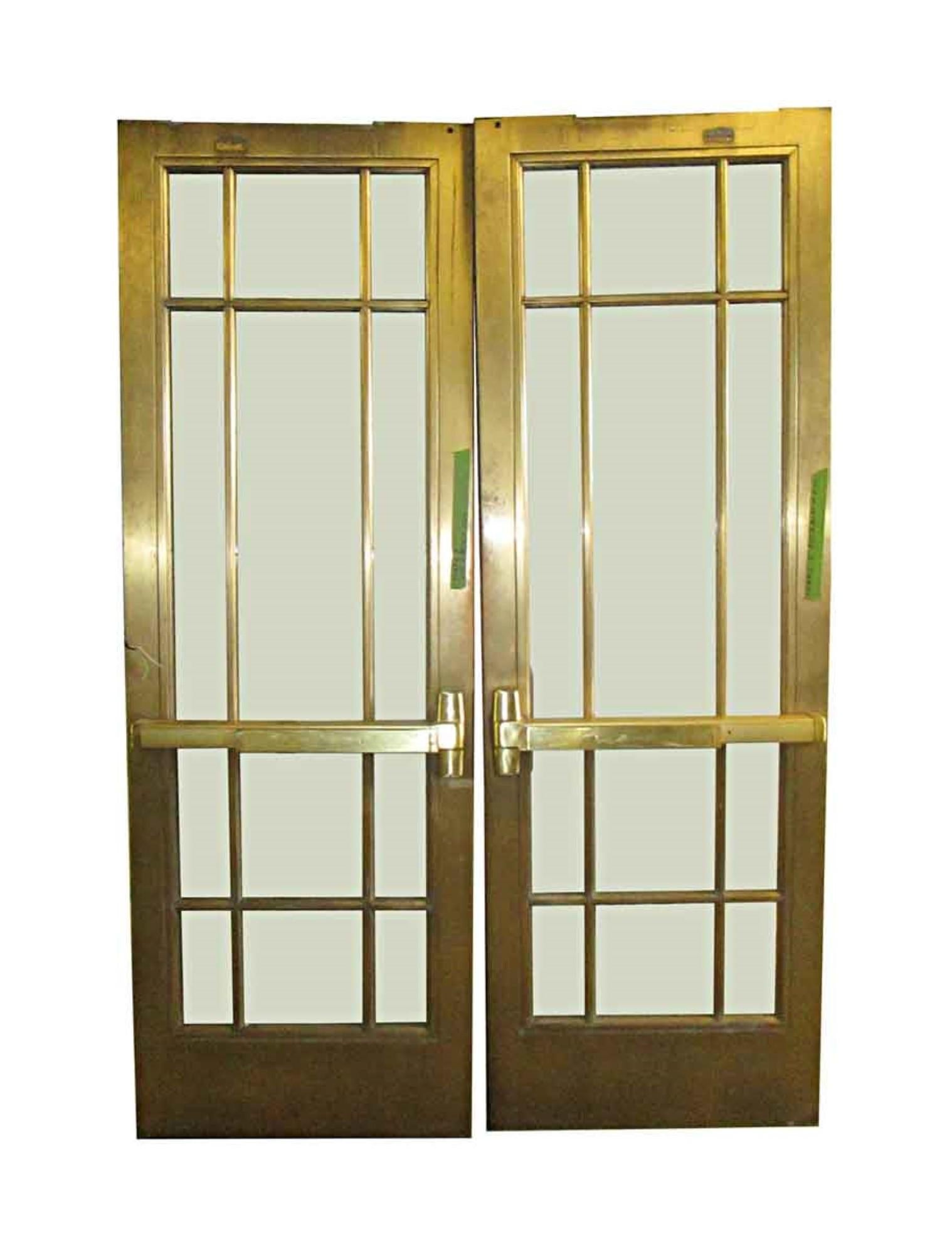 American 1920s Pair of Antique Brass Entryway French Doors with 9 Lites Each