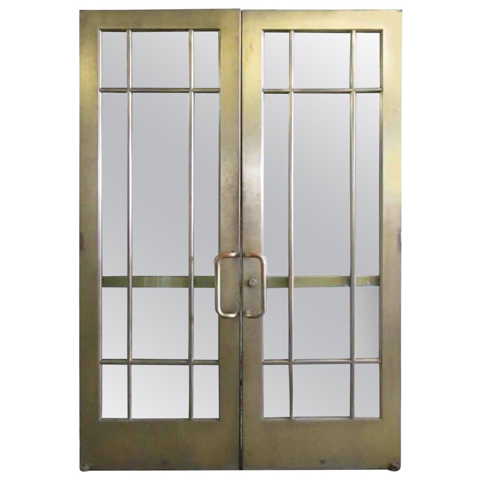 1920s Pair of Antique Brass Entryway French Doors with 9 Lites Each