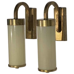 1920s Pair of Art Deco Brushed Brass Over Steel and Glass Cylinder Sconces