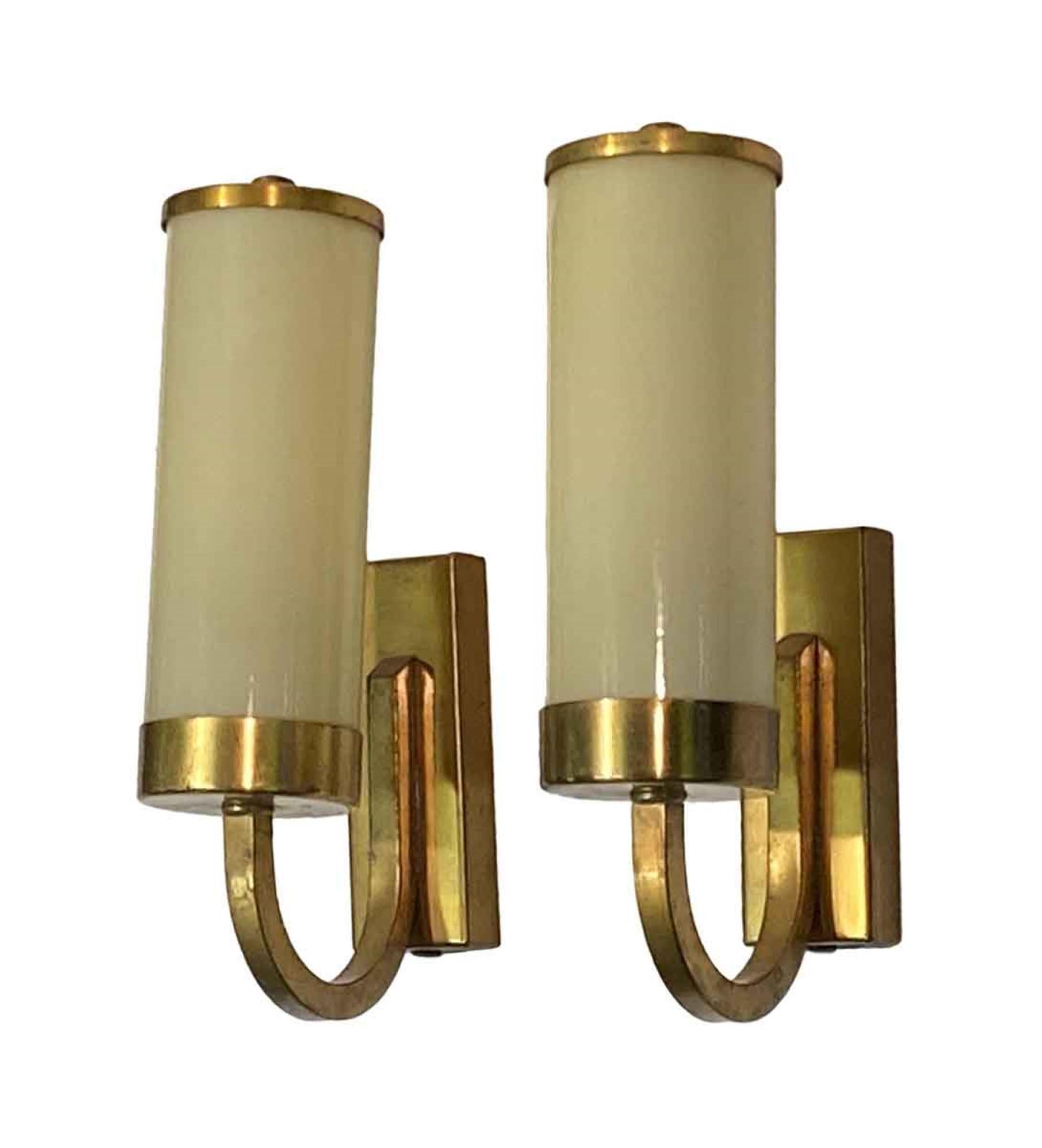American 1920s Pair of Art Deco Brushed Brass Over Steel and Glass Cylinder Sconces