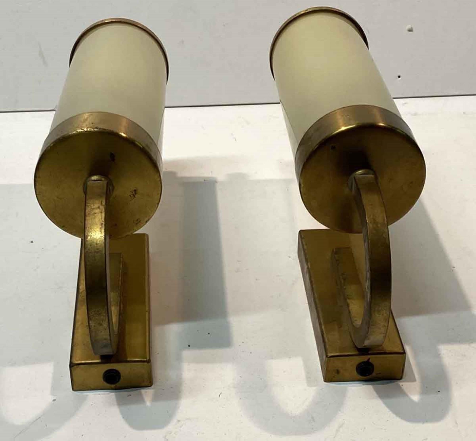 Early 20th Century 1920s Pair of Art Deco Brushed Brass Over Steel and Glass Cylinder Sconces