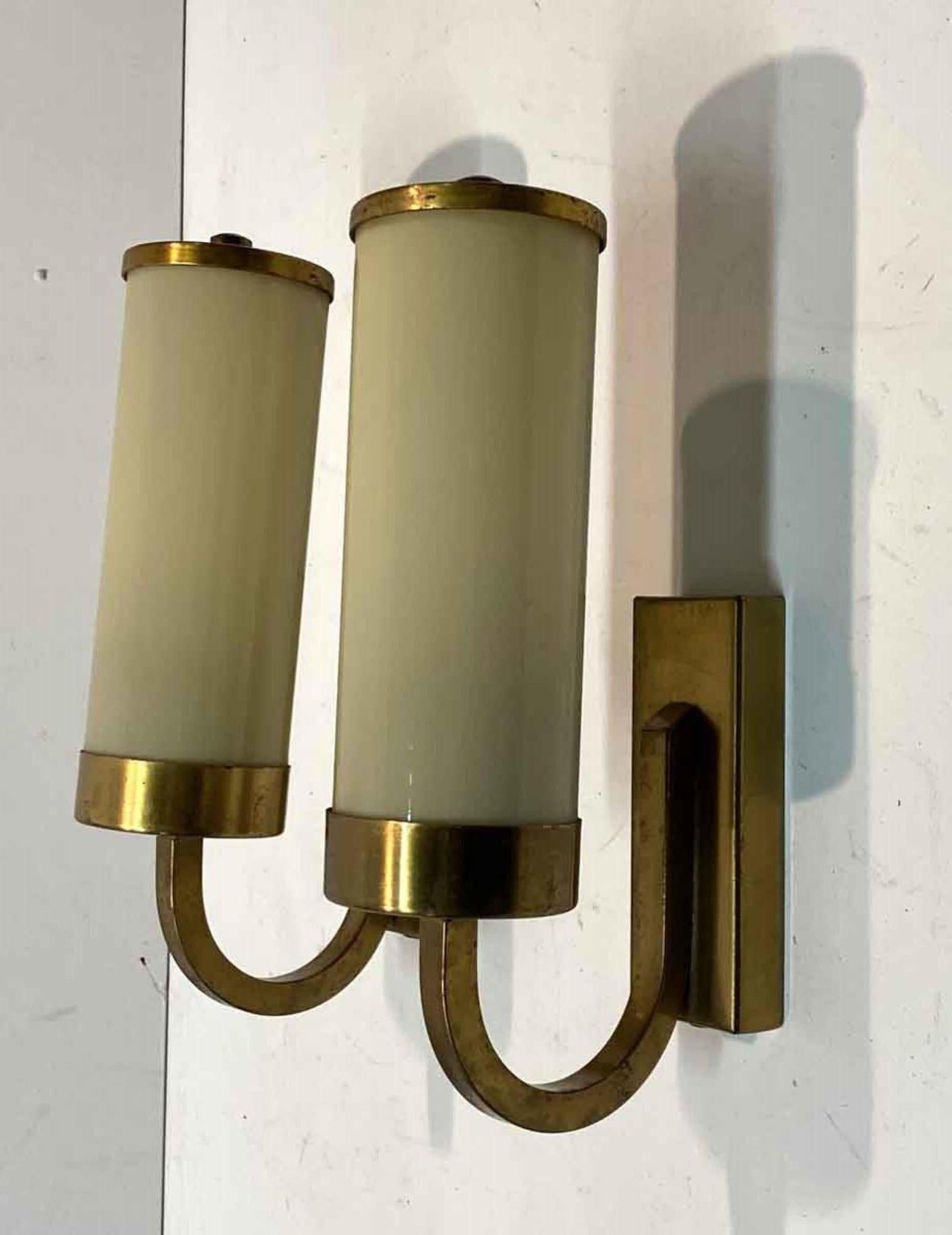 1920s Pair of Art Deco Brushed Brass Over Steel and Glass Cylinder Sconces 1