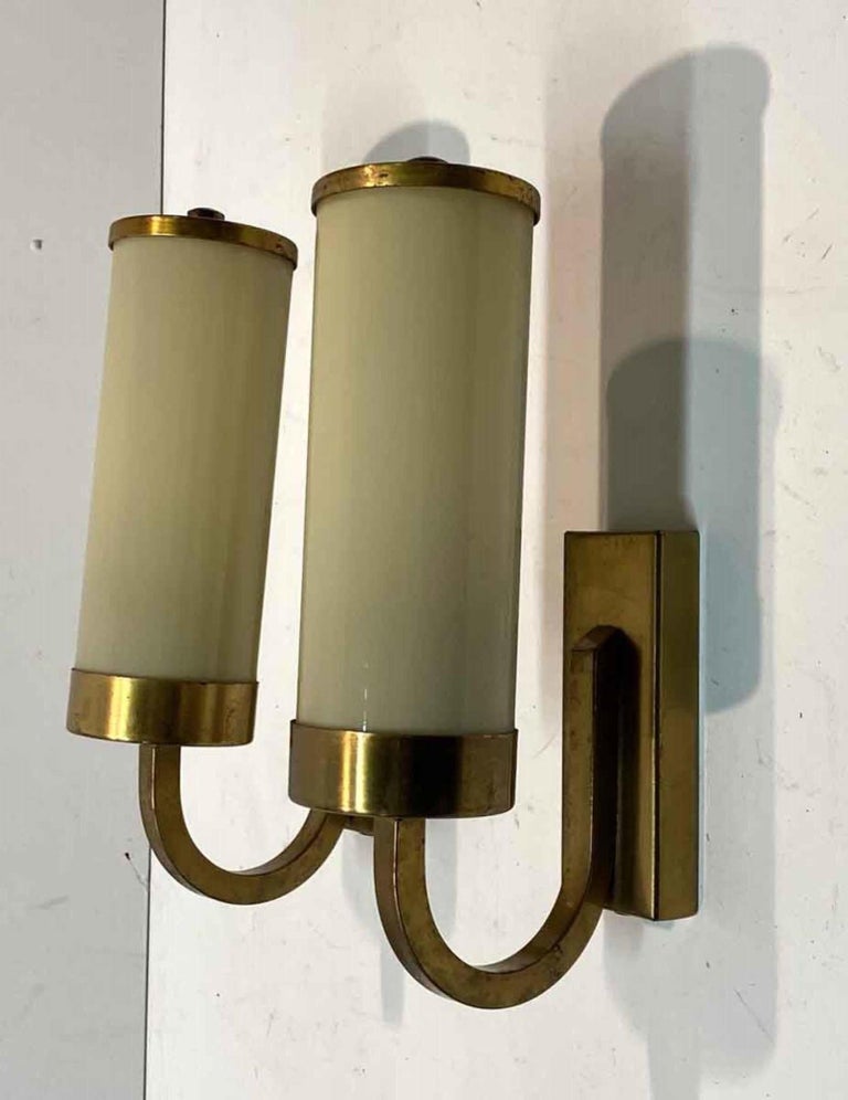 1920s Pair of Art Deco Brushed Brass Over Steel and Glass Cylinder