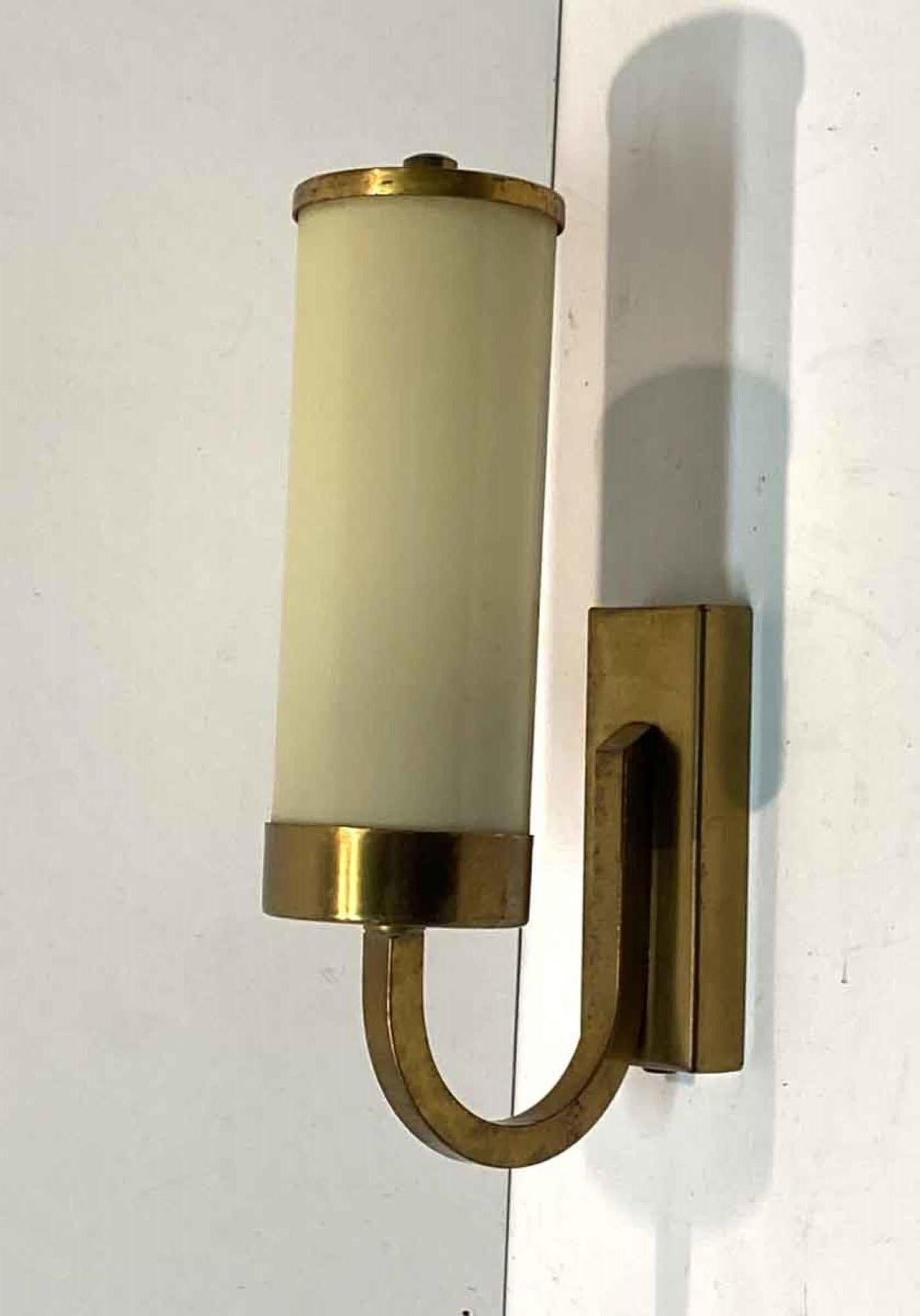 1920s Pair of Art Deco Brushed Brass Over Steel and Glass Cylinder Sconces 2