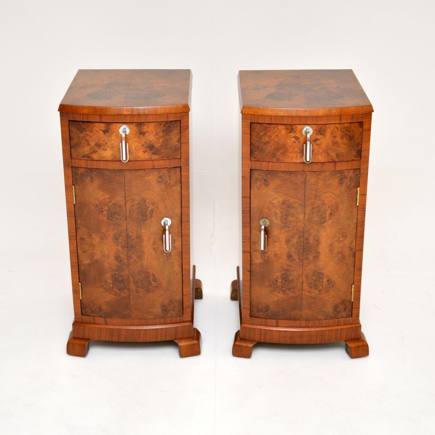 A fantastic pair of original Art Deco period bedside cabinets in walnut. They were made in England, they date from the 1920-30’s.

The quality is exceptional, they have a bow fronted design, sit on lovely bracket feet and have lot of storage space