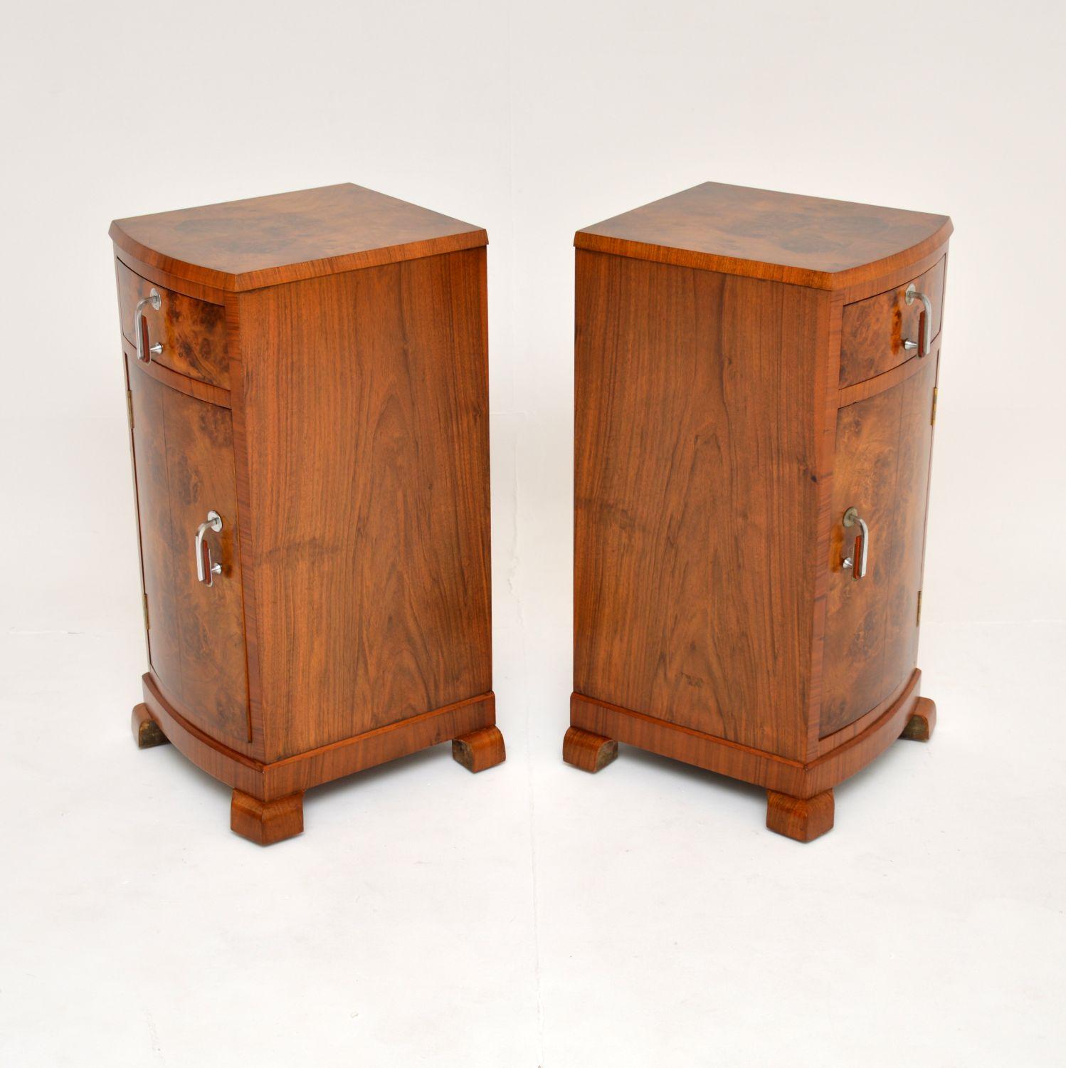 British 1920's Pair of Art Deco Burr Walnut Bedside Cabinets