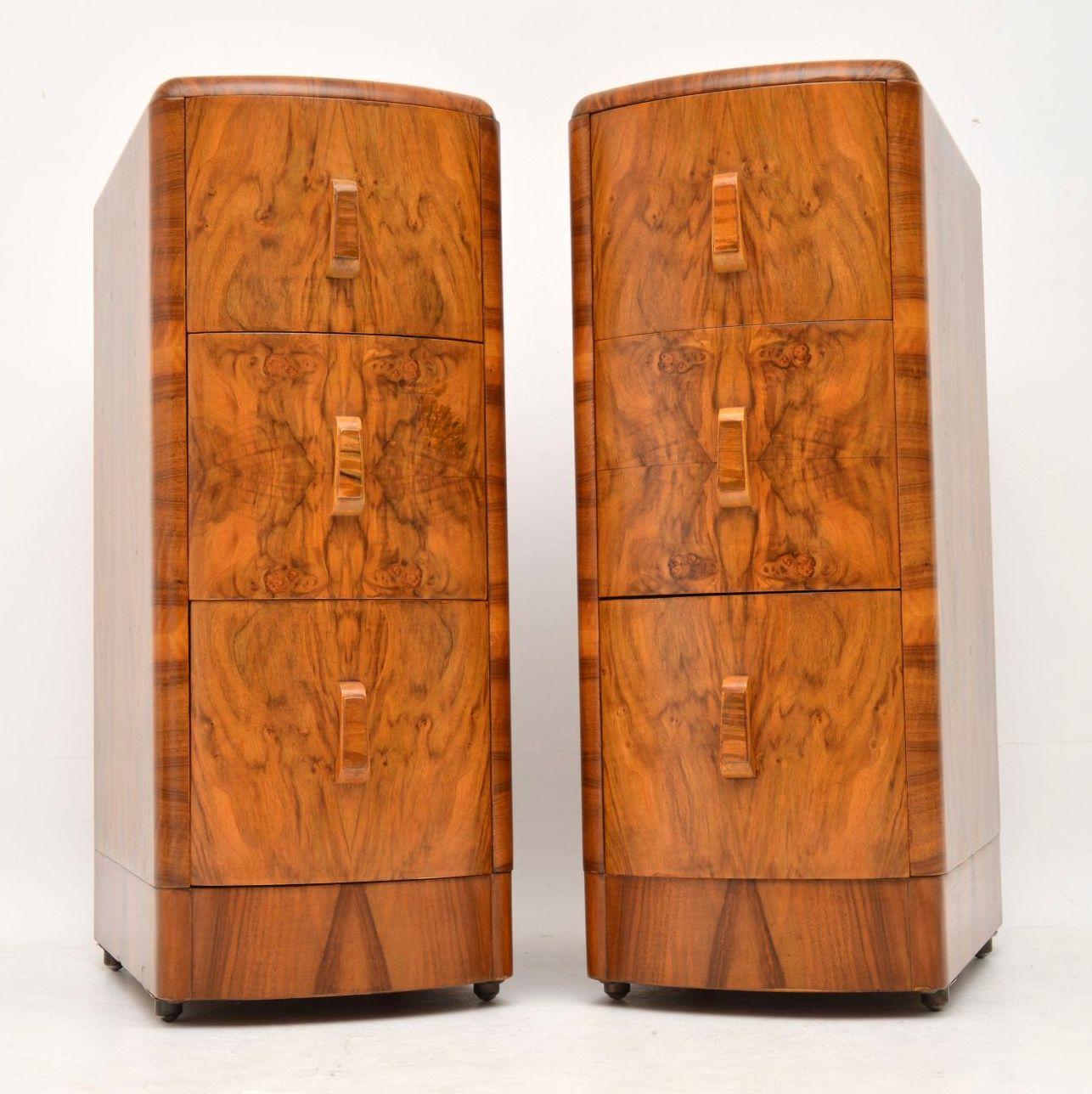 A stunning pair of original Art Deco period bedside chests in walnut, these date from the 1920s-1930s. They are a great size, very tall and deep, with lots of storage space. We have had these stripped and re-polished to a very high standard, the
