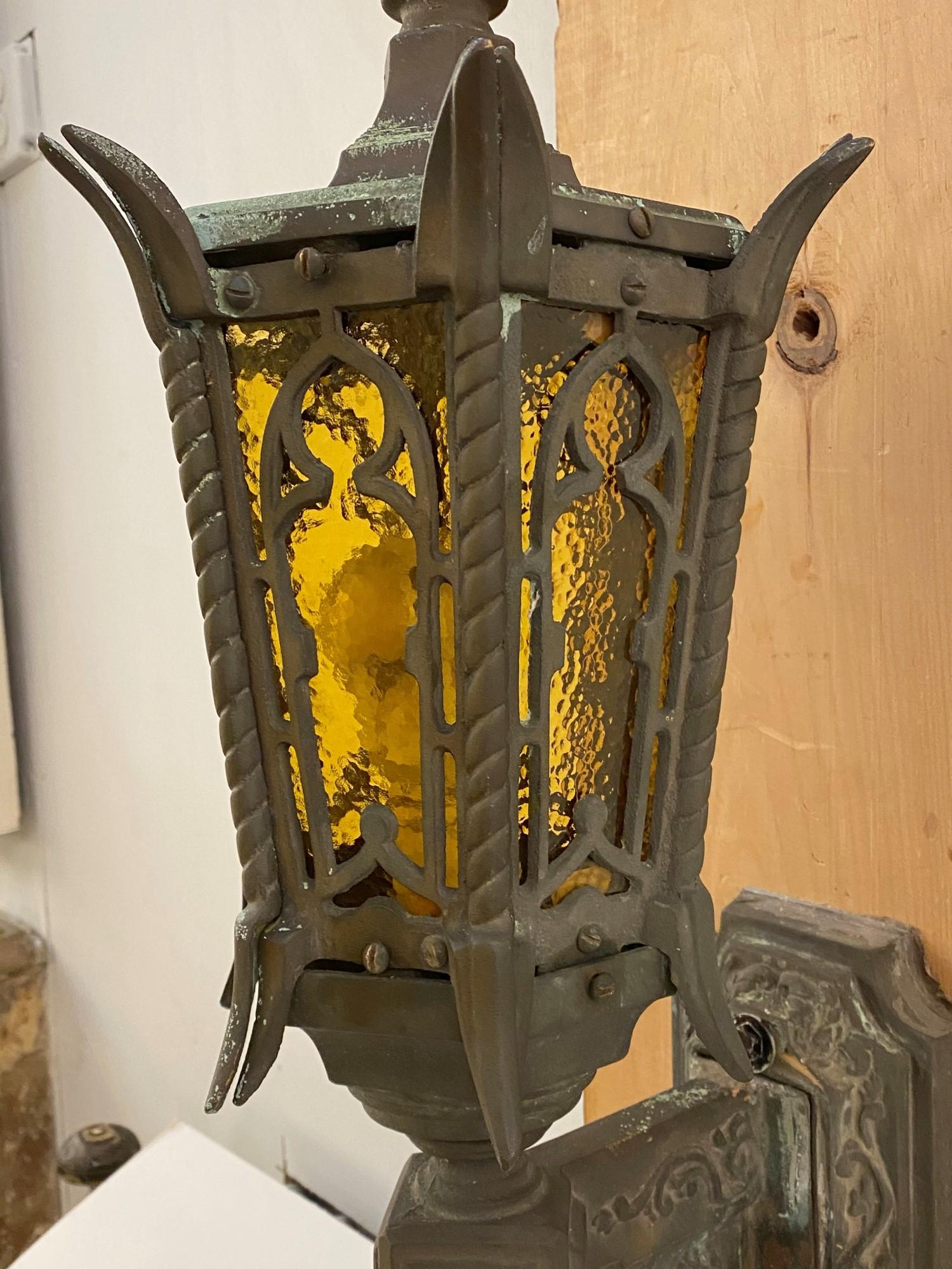 Early 20th Century 1920s Pair of Bronze Exterior Sconces Gothic Tudor Style