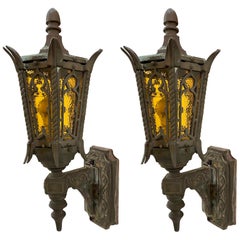 1920s Pair of Bronze Exterior Sconces Gothic Tudor Style