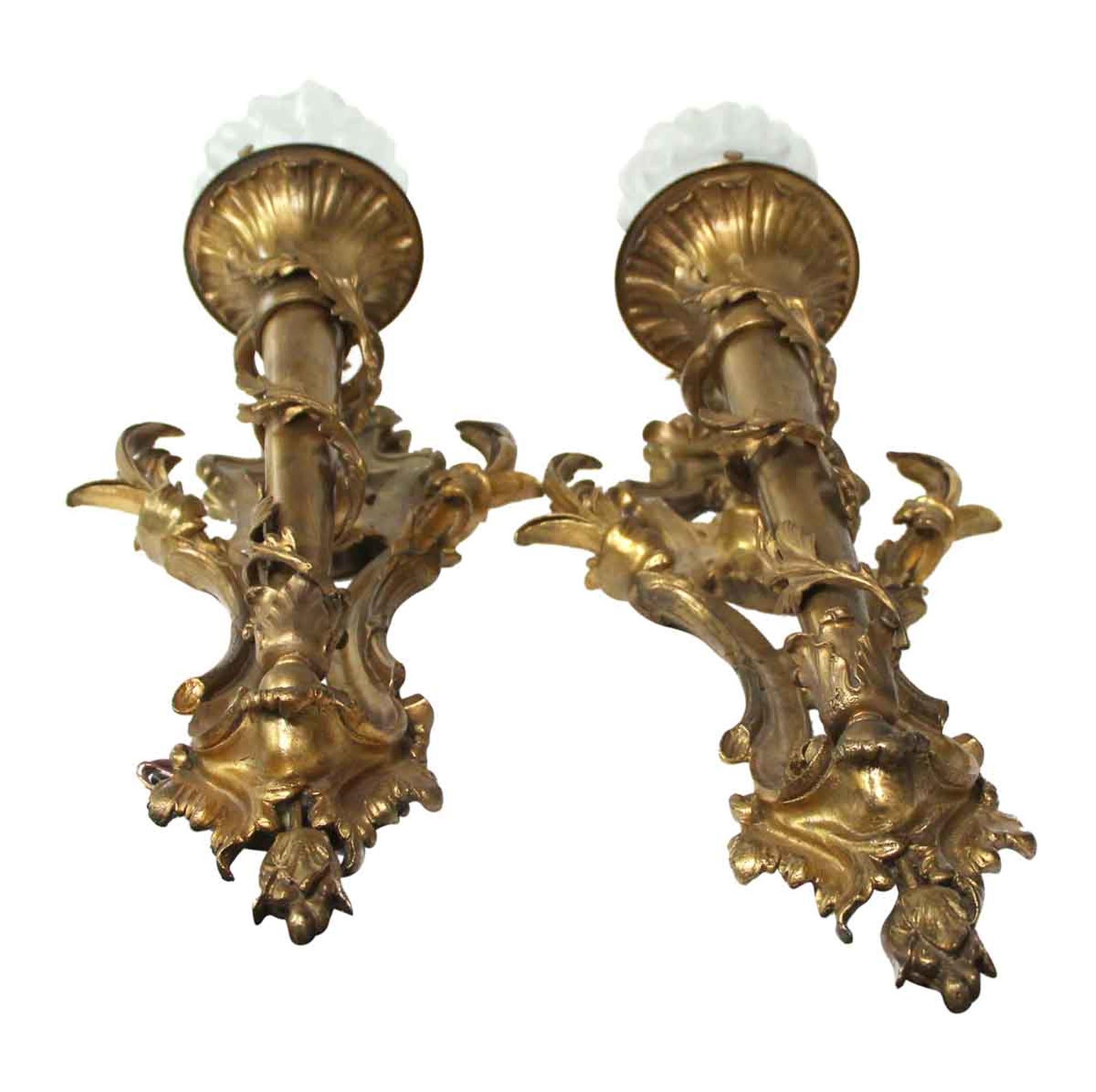 1920s Pair of Bronze Ornate Sconces with Glass Torch Shades 5