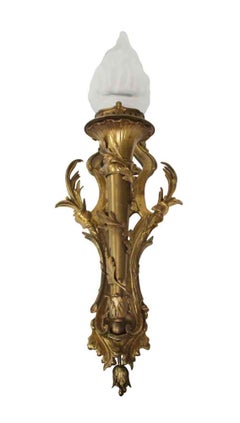 1920s Pair of Bronze Ornate Sconces with Glass Torch Shades