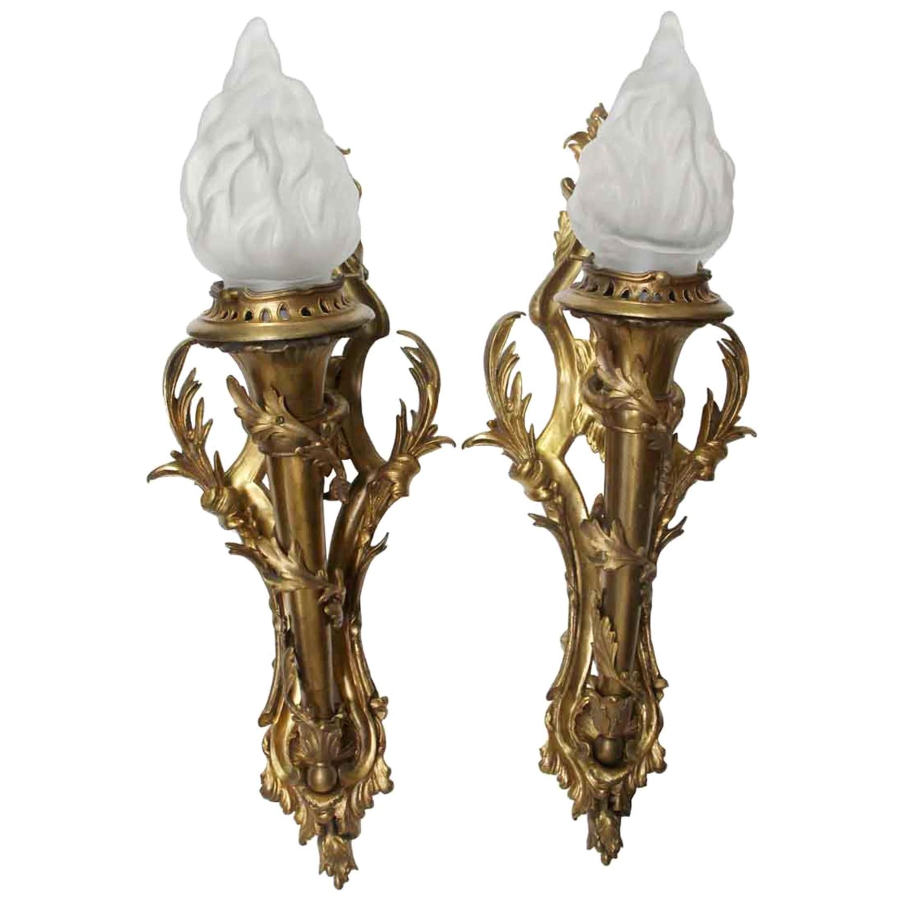 1920s Pair of Bronze Ornate Sconces with Glass Torch Shades
