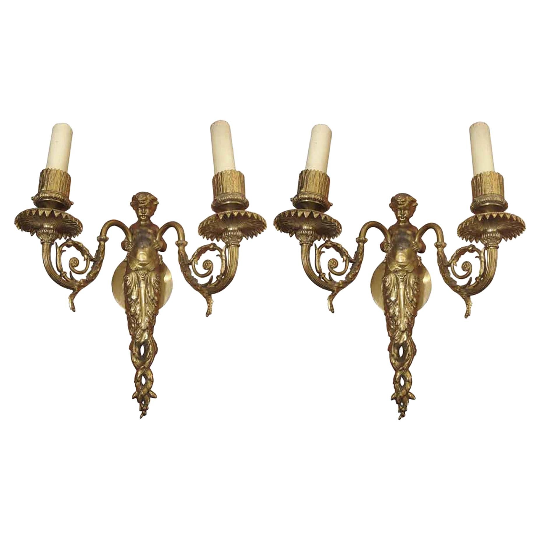 1920s Pair of Bronze Putti Sconces from an East 82nd St Apartment