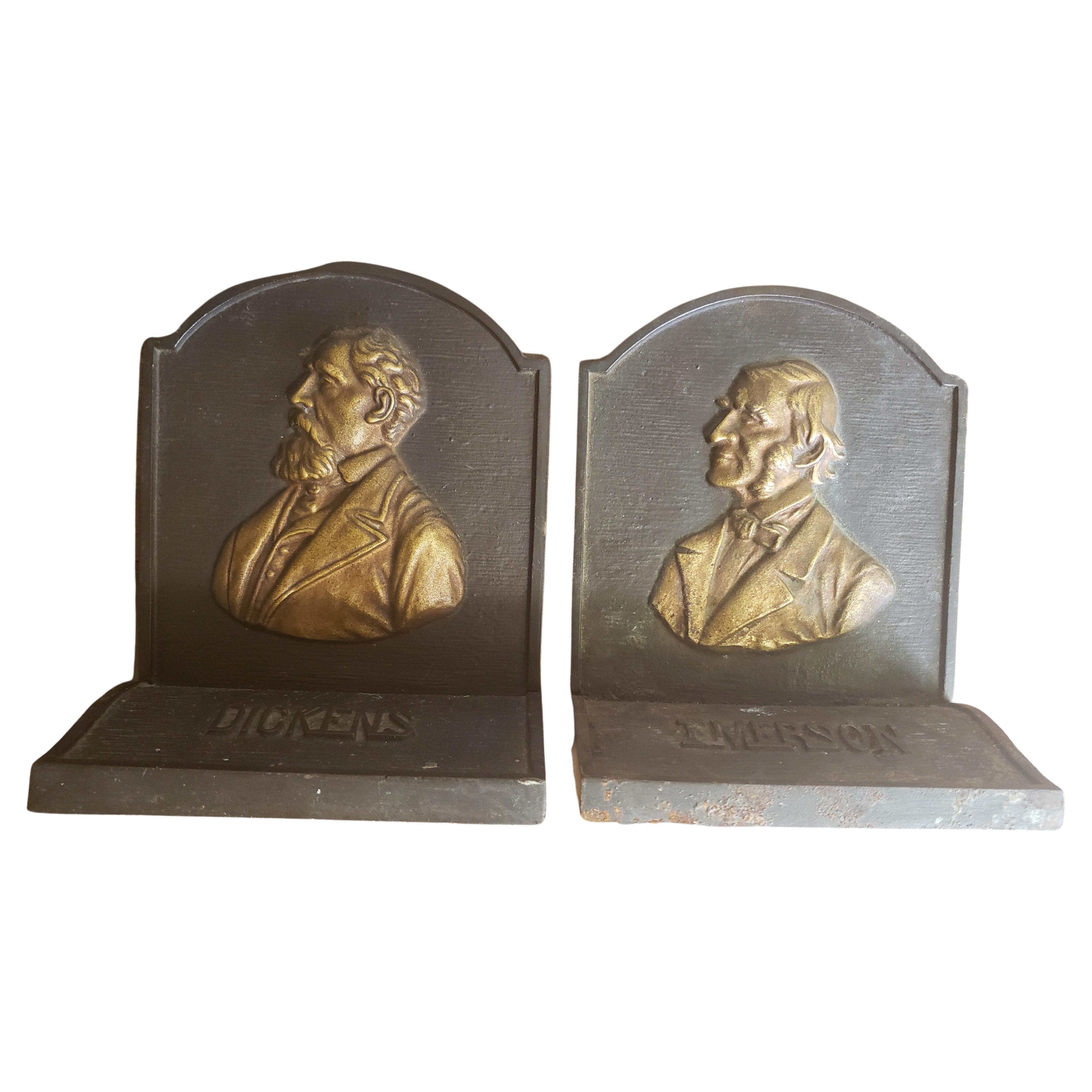 1920s Pair of Charles Dickens and Ralph Waldo Emerson Bronzed Cast Iron Bookends