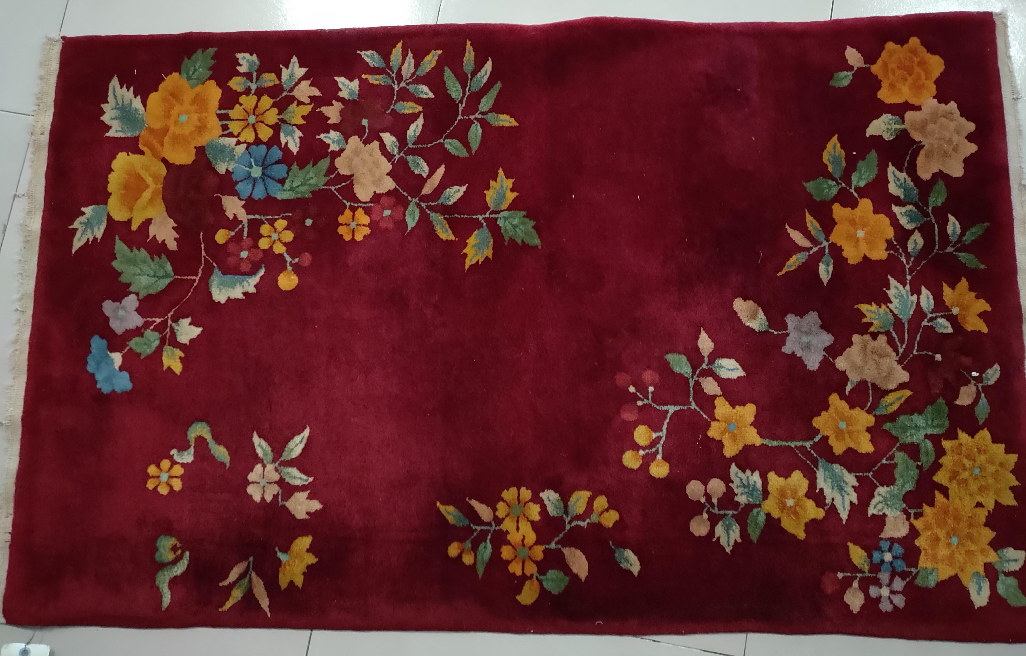 Early 20th Century 1920s Pair of Chinese Art Deco Carpets ( 3' x 4'10